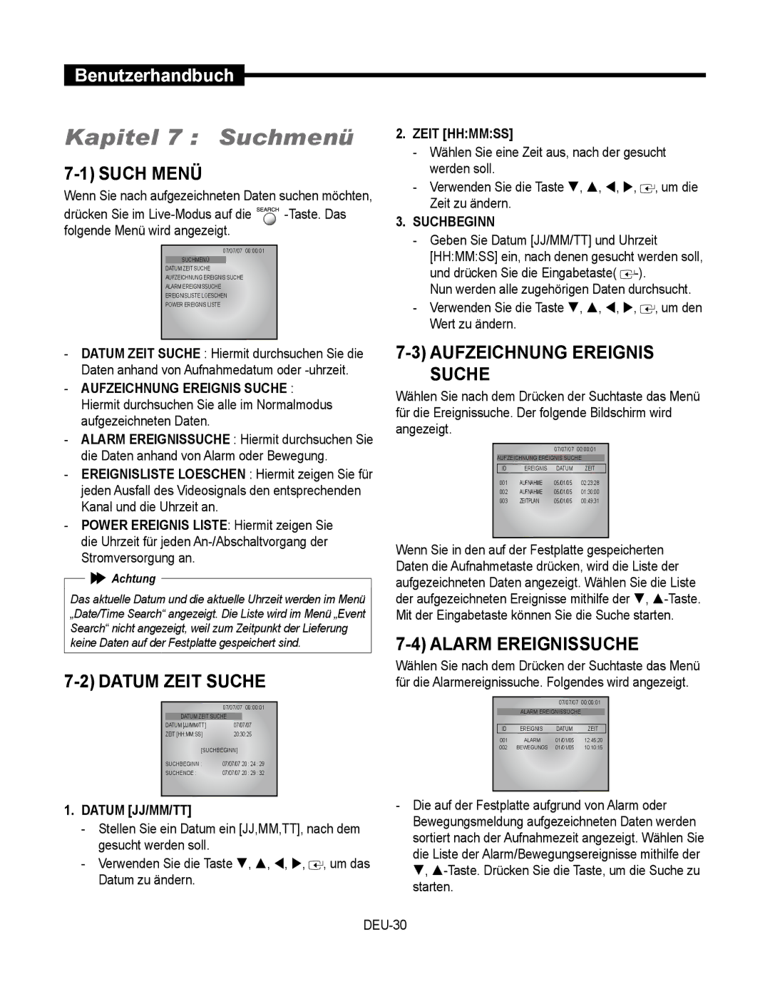 Samsung SMT-190Dx Kapitel 7 Suchmenü, Such Menü, Datum Zeit Suche, Aufzeichnung Ereignis Suche, Alarm Ereignissuche 