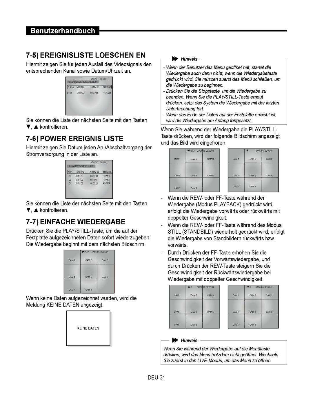 Samsung SMT-190Dx user manual Ereignisliste Loeschen EN, Power Ereignis Liste, Einfache Wiedergabe, DEU-31 