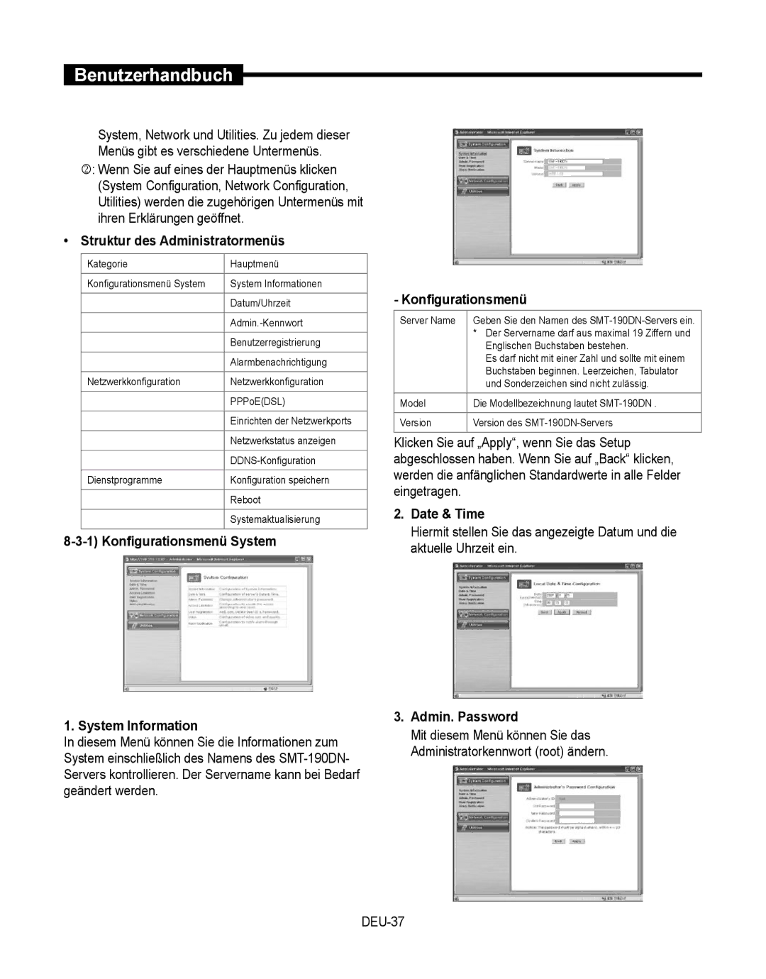 Samsung SMT-190Dx user manual Struktur des Administratormenüs, Konfigurationsmenü System System Information, DEU-37 