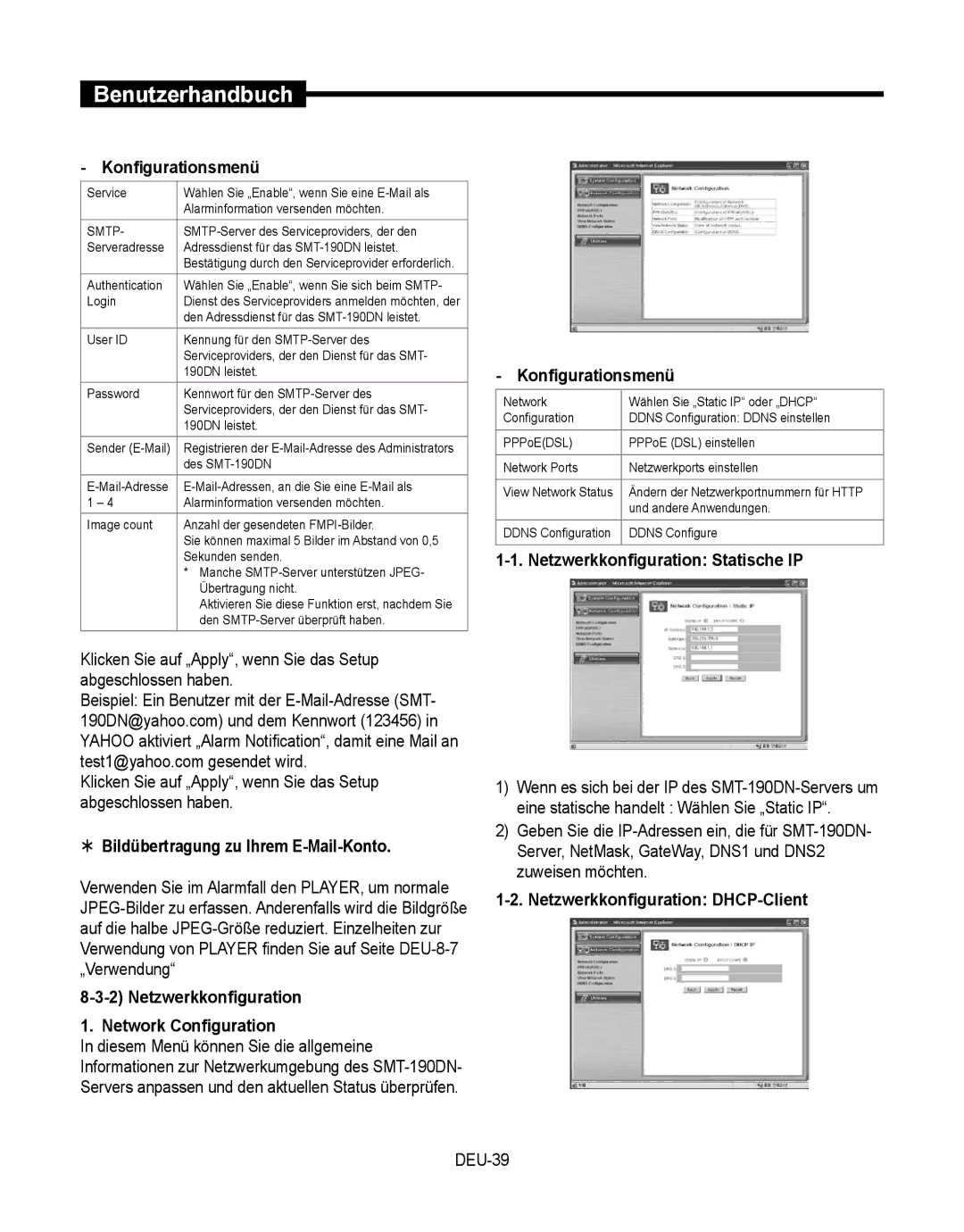 Samsung SMT-190Dx user manual  Bildübertragung zu Ihrem E-Mail-Konto, Netzwerkkonfiguration Network Configuration, DEU-39 