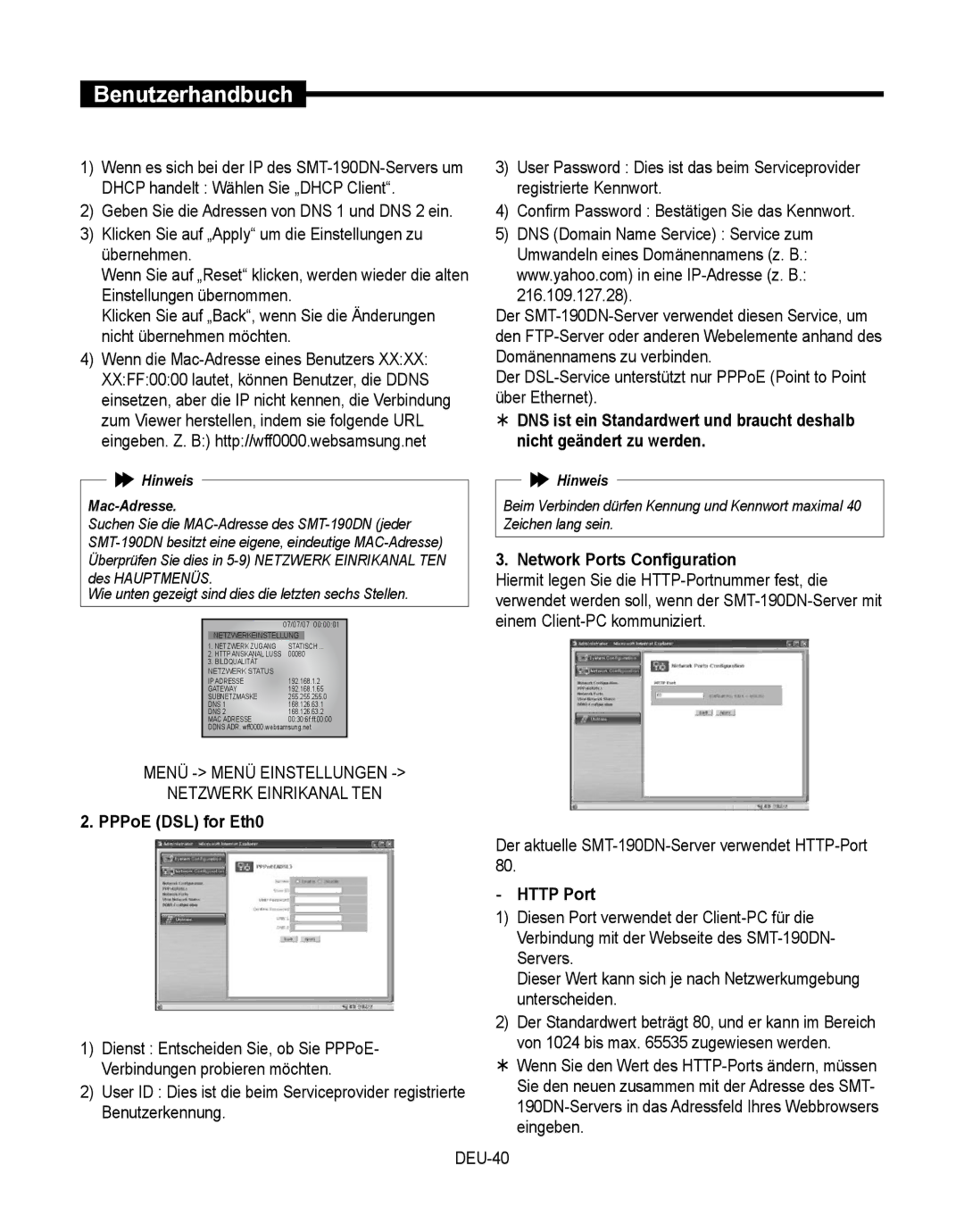 Samsung SMT-190Dx Menü Menü Einstellungen Netzwerk Einrikanal TEN, Der aktuelle SMT-190DN-Server verwendet HTTP-Port 