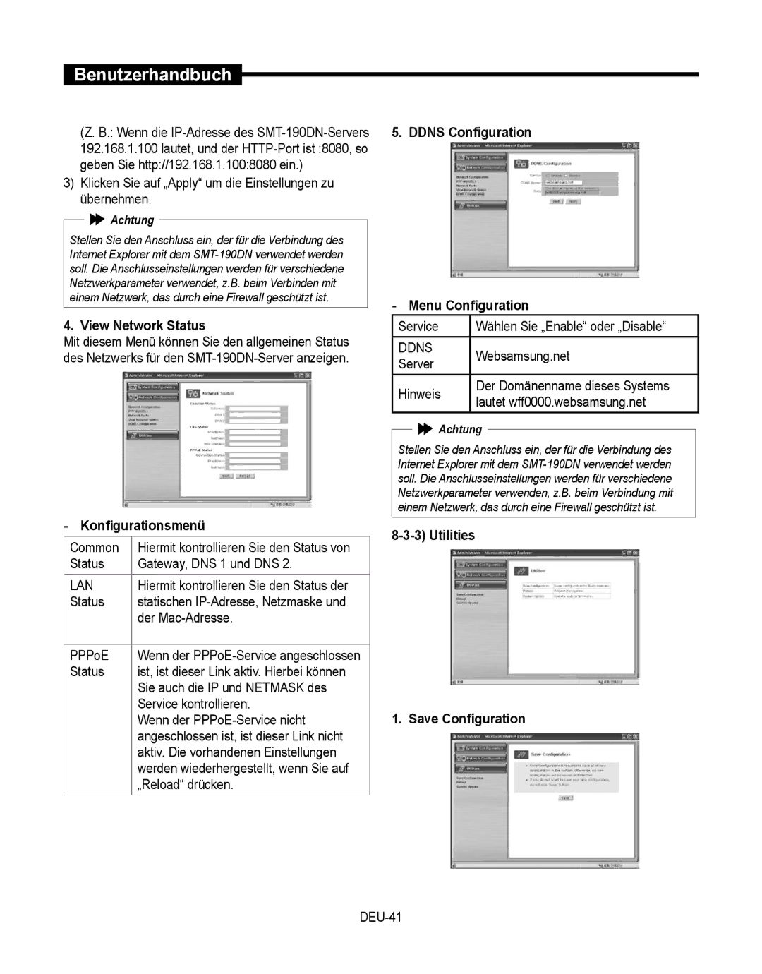 Samsung SMT-190Dx Klicken Sie auf „Apply um die Einstellungen zu übernehmen, Status Gateway, DNS 1 und DNS, PPPoE, Hinweis 