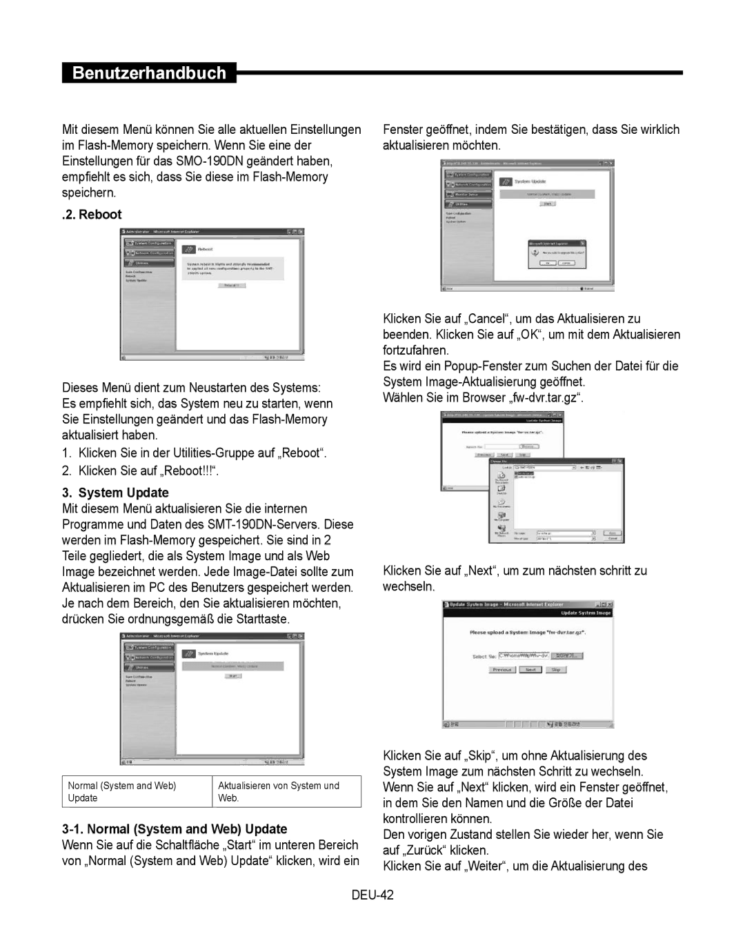 Samsung SMT-190Dx user manual Reboot, Normal System and Web Aktualisieren von System und Update 