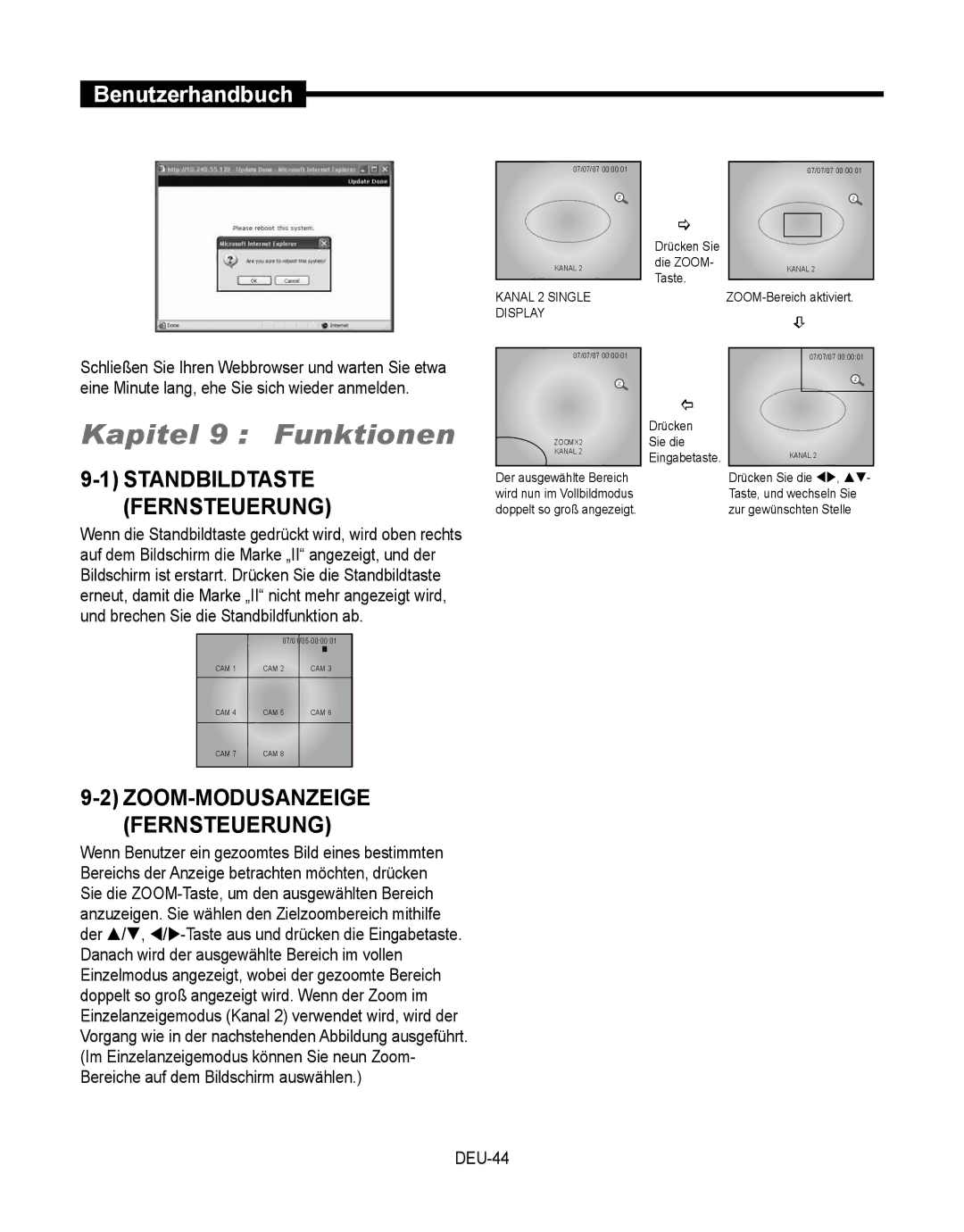 Samsung SMT-190Dx user manual Kapitel 9 Funktionen, Standbildtaste Fernsteuerung, ZOOM-MODUSANZEIGE Fernsteuerung, DEU-44 