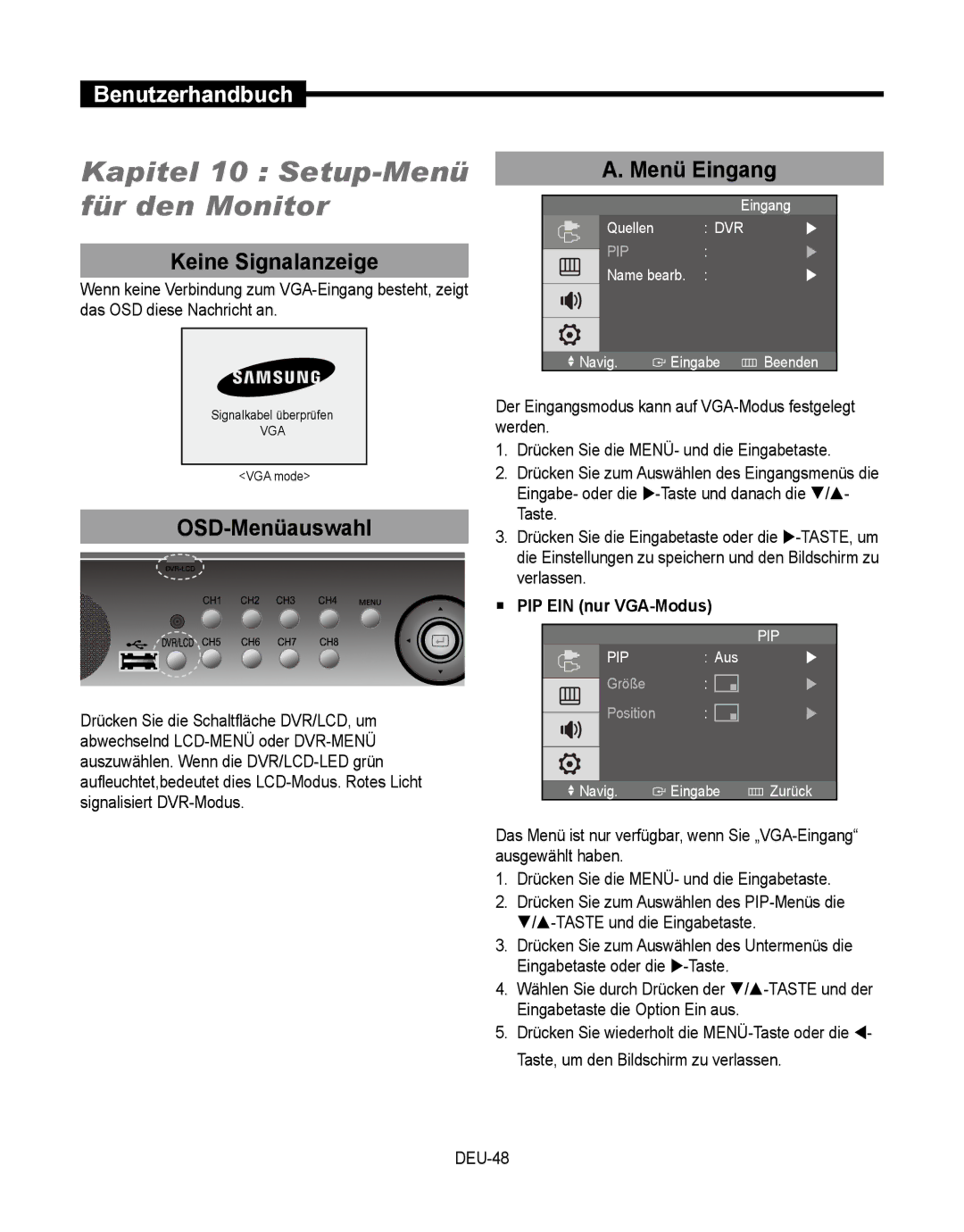 Samsung SMT-190Dx user manual Kapitel 10 Setup-Menü für den Monitor, Keine Signalanzeige, OSD-Menüauswahl, Menü Eingang 