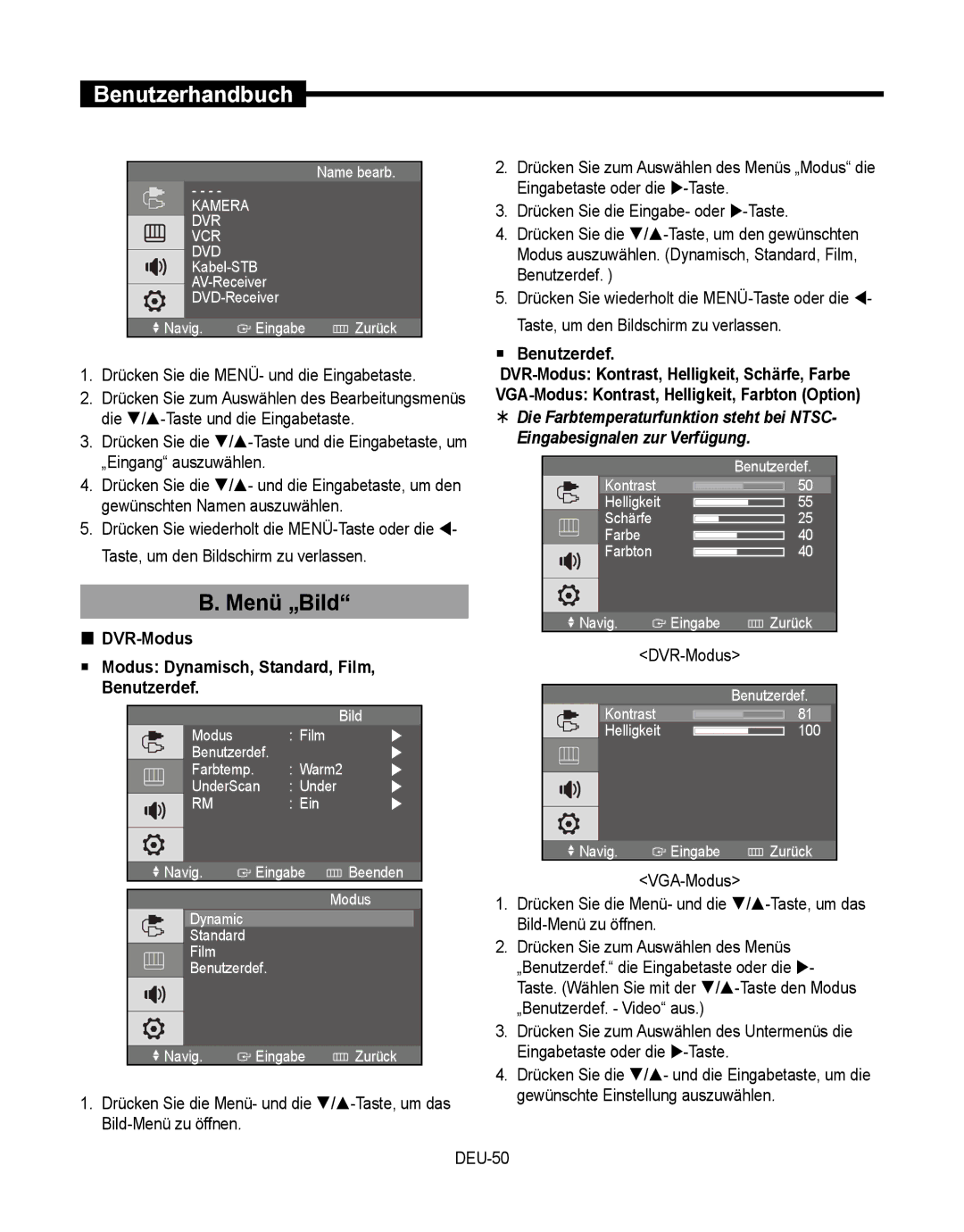 Samsung SMT-190Dx user manual Menü „Bild,  DVR-Modus  Modus Dynamisch, Standard, Film, Benutzerdef 