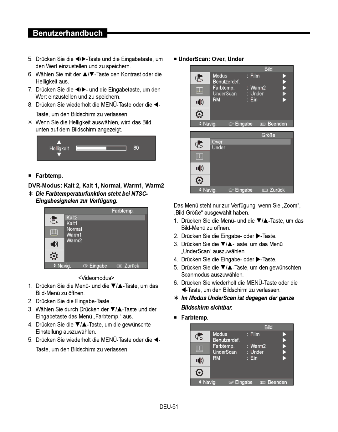 Samsung SMT-190Dx user manual  Farbtemp DVR-Modus Kalt 2, Kalt 1, Normal, Warm1, Warm2,  UnderScan Over, Under, DEU-51 