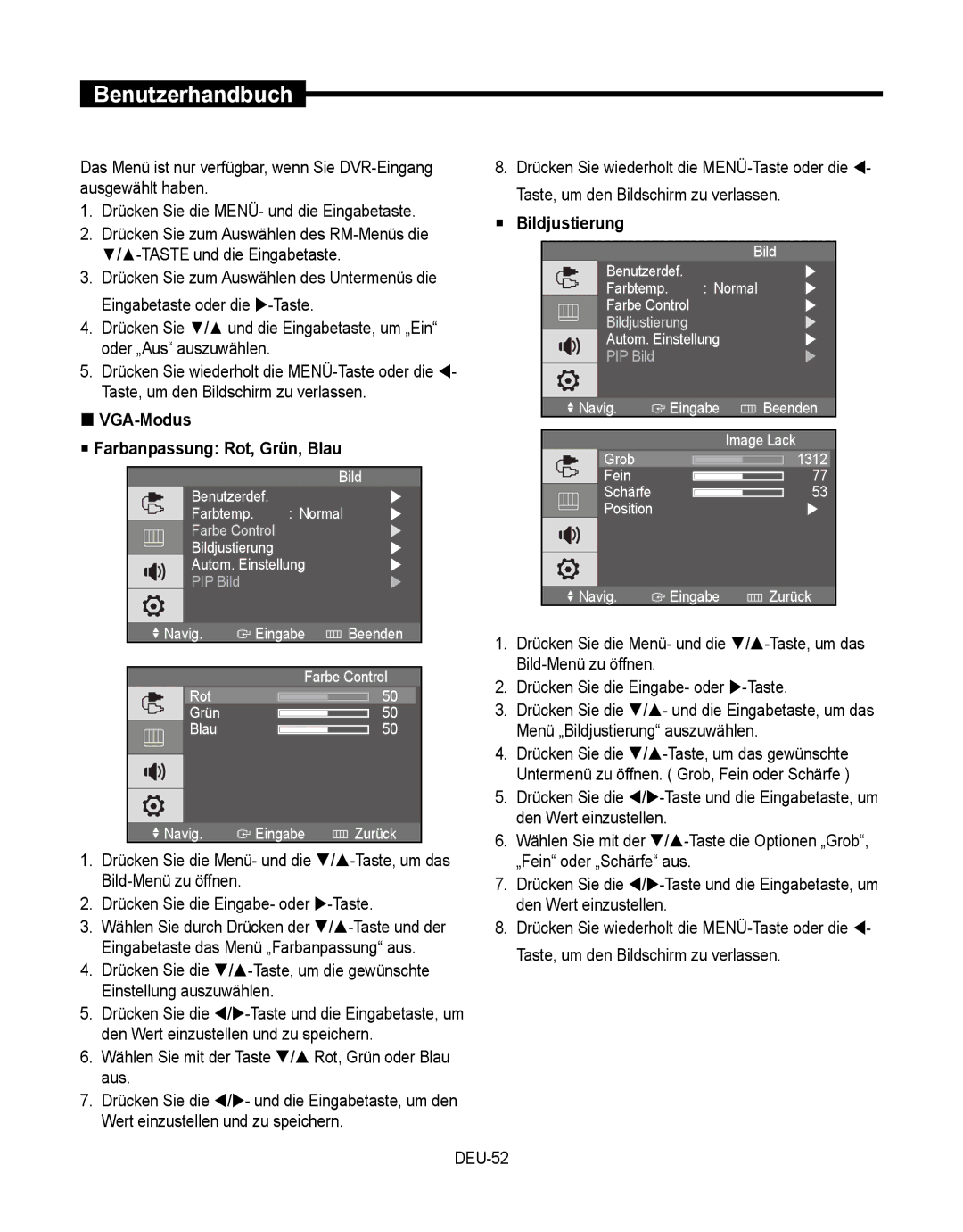 Samsung SMT-190Dx user manual  VGA-Modus  Farbanpassung Rot, Grün, Blau,  Bildjustierung 