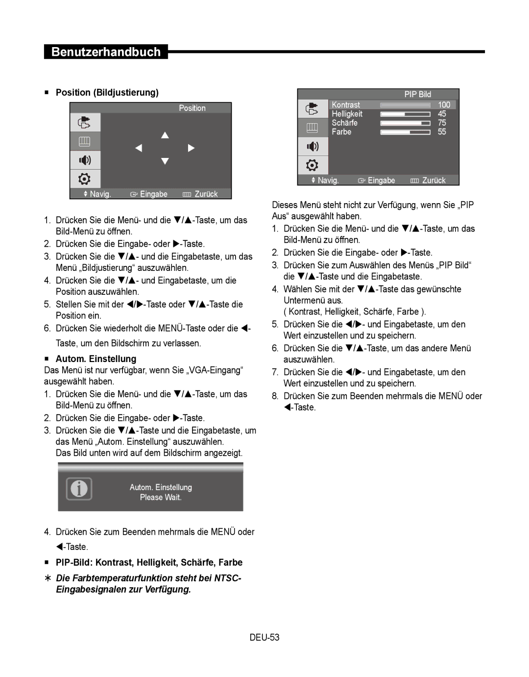 Samsung SMT-190Dx  Position Bildjustierung,  Autom. Einstellung, Das Bild unten wird auf dem Bildschirm angezeigt 