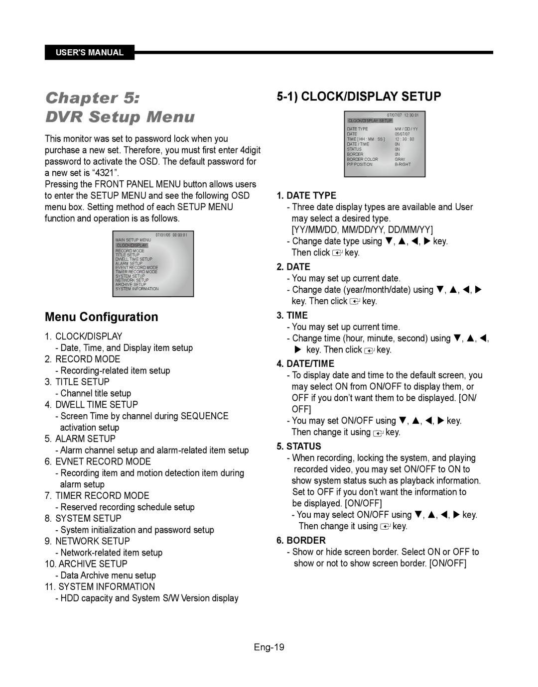 Samsung SMT-190Dx user manual Chapter DVR Setup Menu, Menu Configuration, CLOCK/DISPLAY Setup 