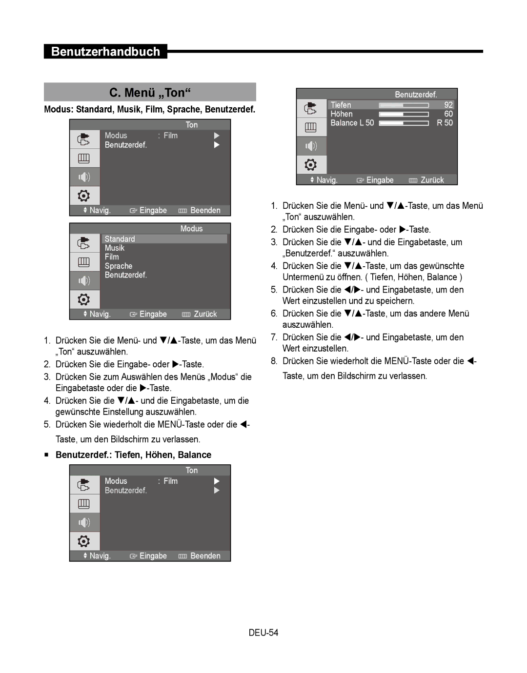 Samsung SMT-190Dx user manual Menü „Ton,  Benutzerdef. Tiefen, Höhen, Balance 