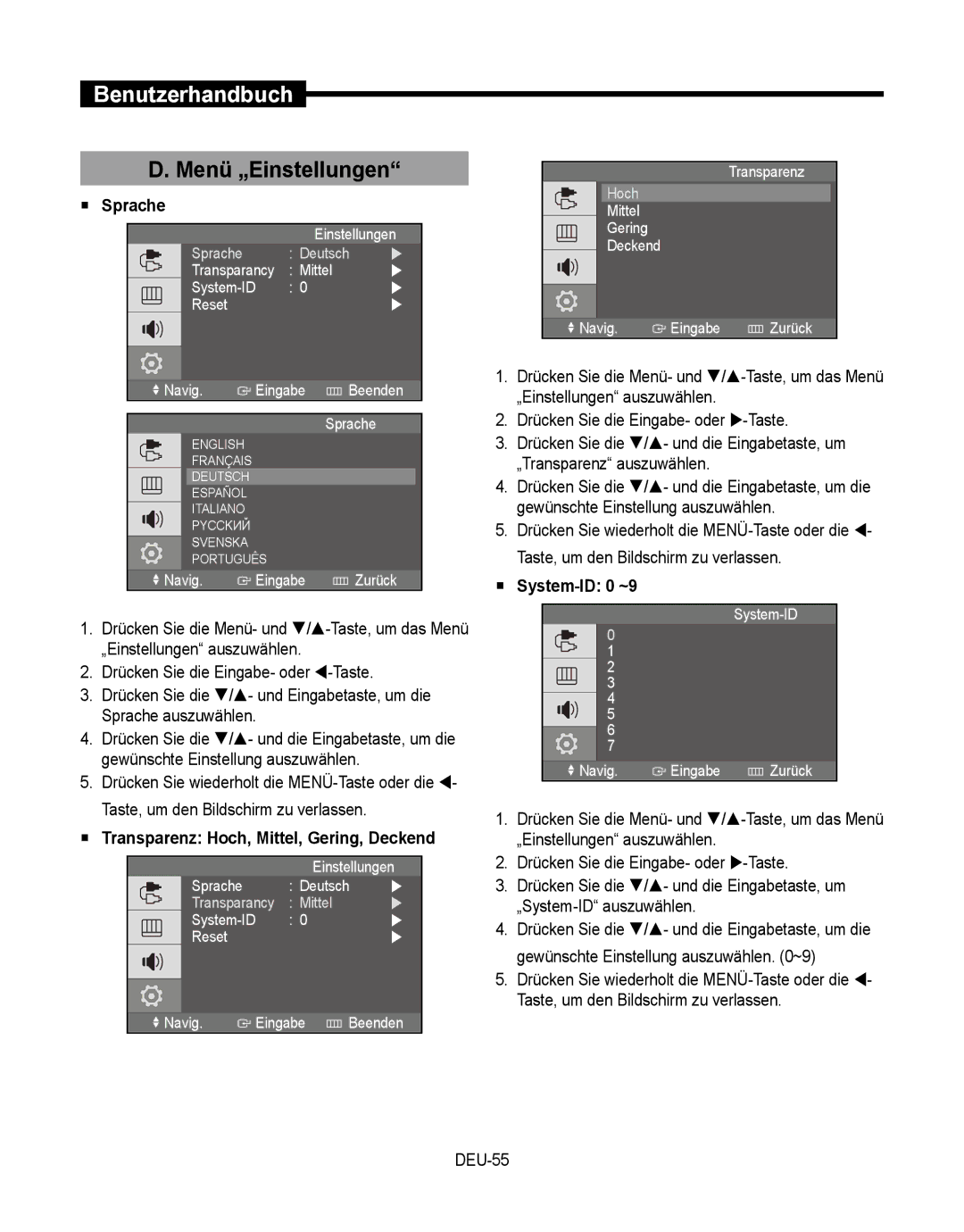 Samsung SMT-190Dx user manual Menü „Einstellungen,  Sprache,  Transparenz Hoch, Mittel, Gering, Deckend,  System-ID 0 ~9 