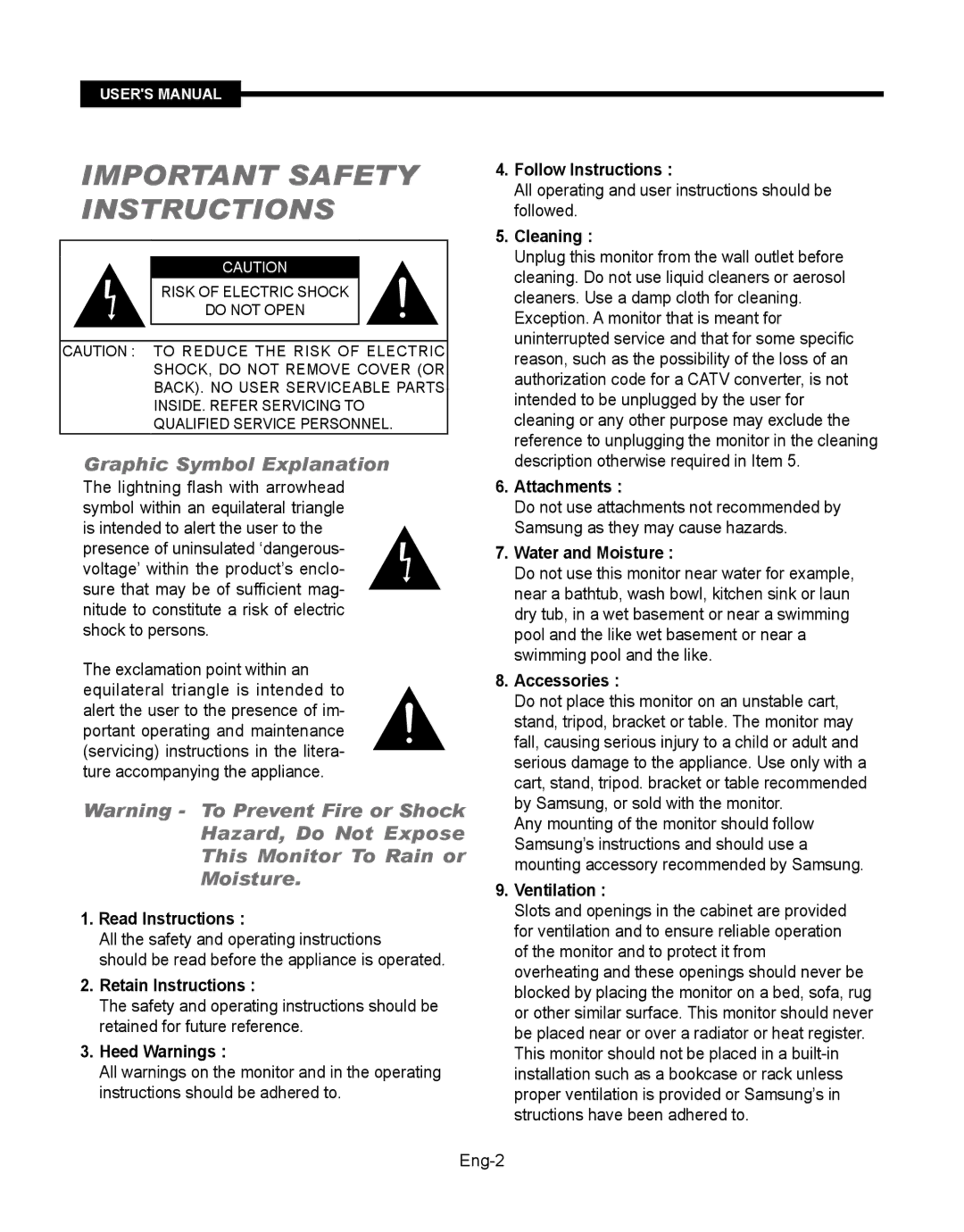 Samsung SMT-190Dx Read Instructions, Retain Instructions, Heed Warnings, Follow Instructions, Cleaning, Attachments 