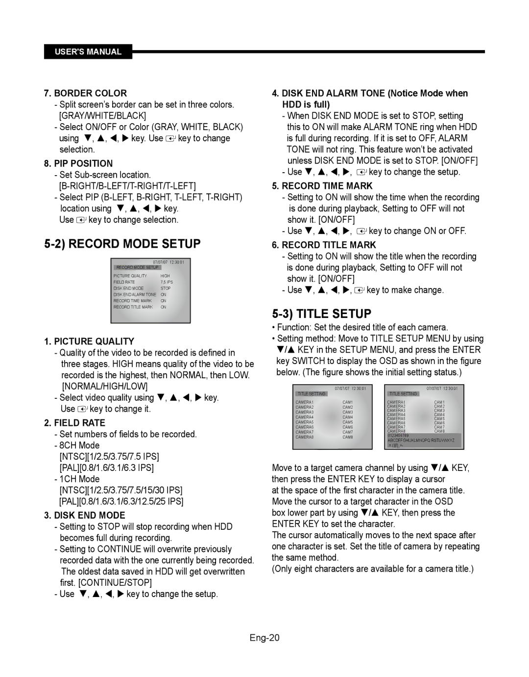 Samsung SMT-190Dx user manual Record Mode Setup, Title Setup 