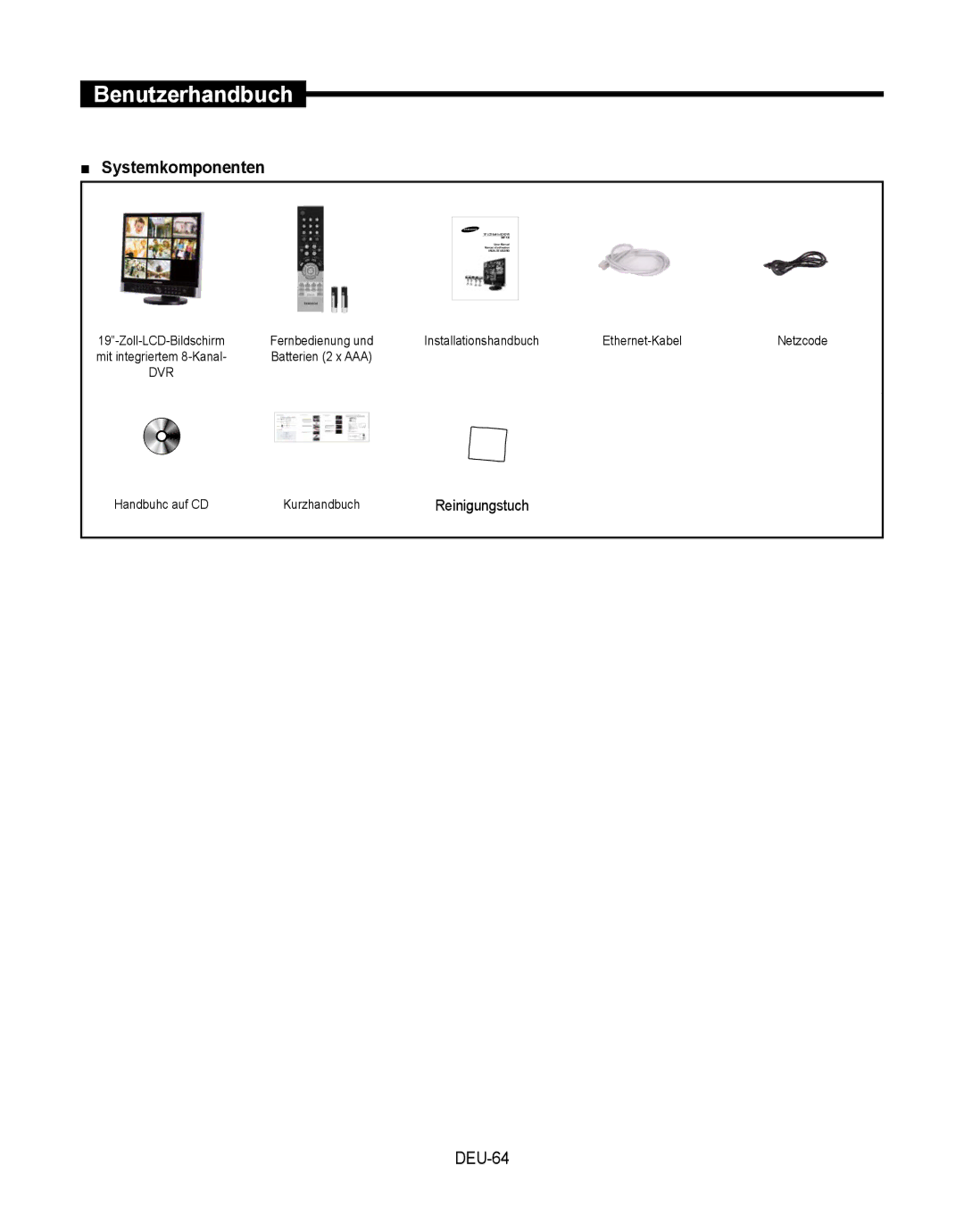 Samsung SMT-190Dx user manual DEU-64, Fernbedienung und Installationshandbuch Ethernet-Kabel, Batterien 2 x AAA 