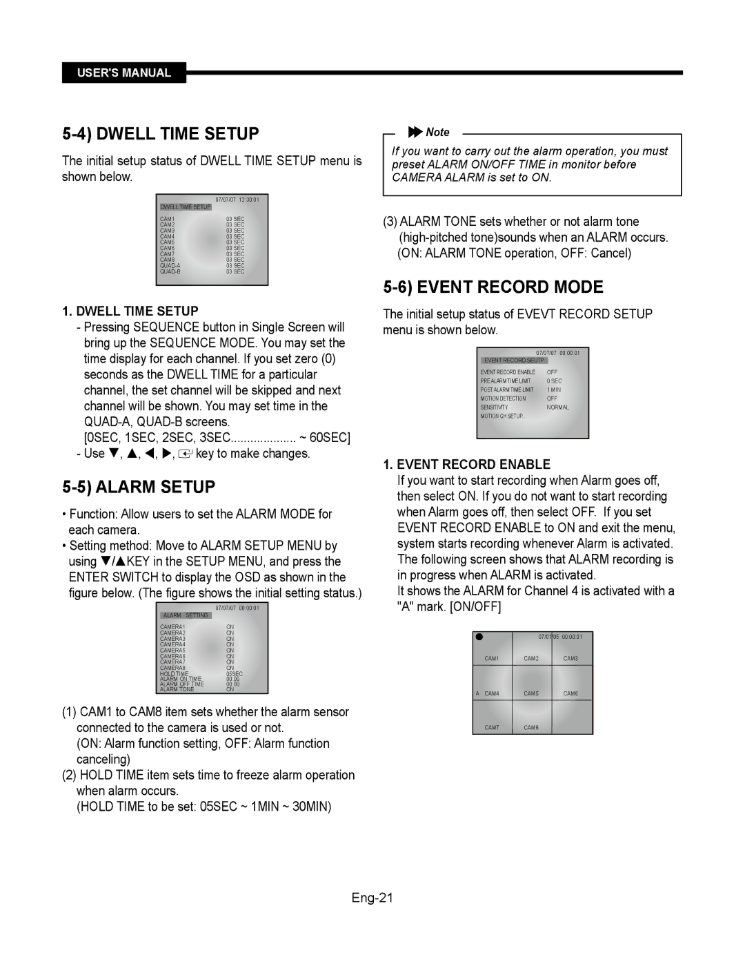 Samsung SMT-190Dx user manual Dwell Time Setup, Alarm Setup, Event Record Mode, Event Record Enable 