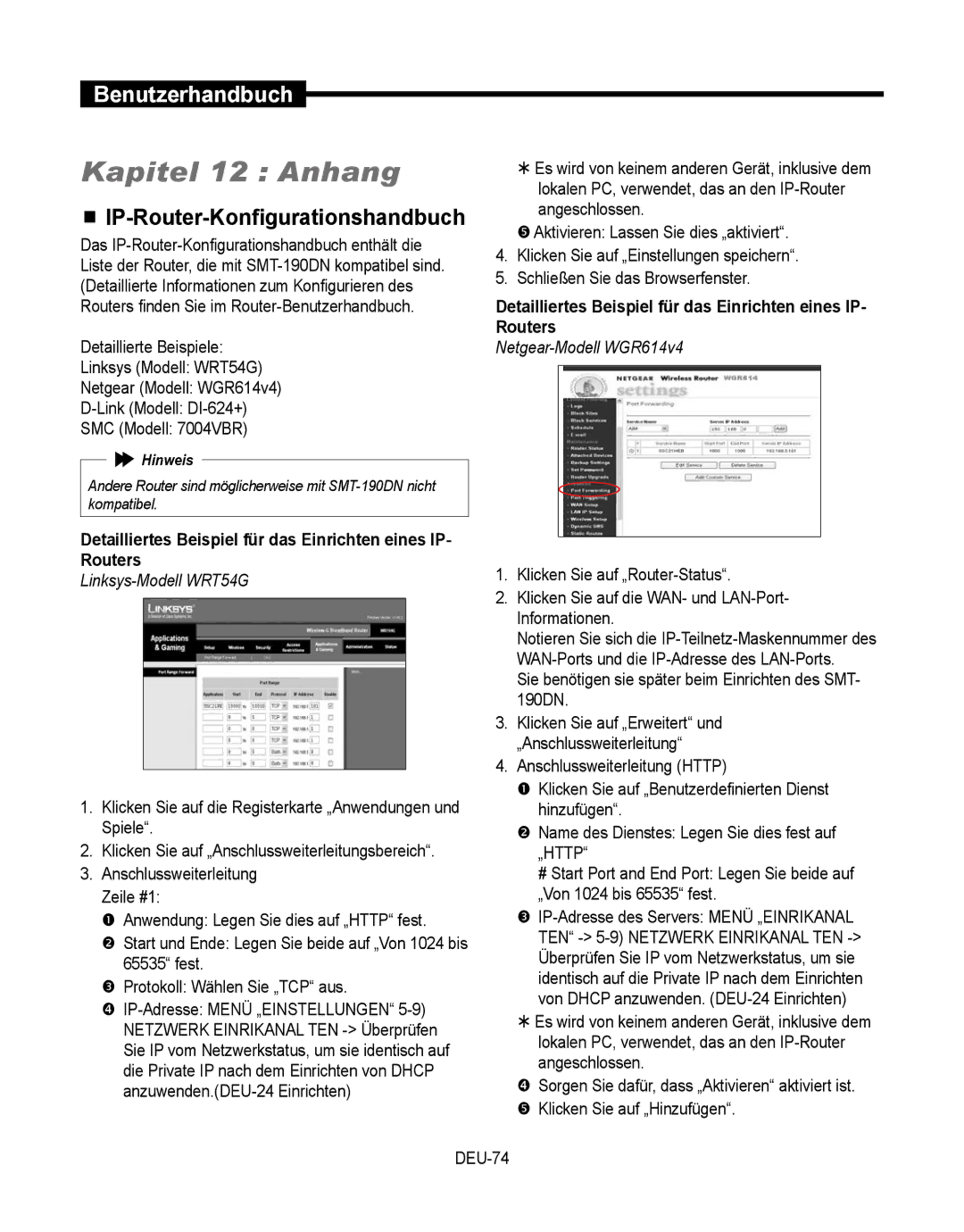 Samsung SMT-190Dx user manual Kapitel 12 Anhang,  IP-Router-Konfigurationshandbuch, DEU-74 