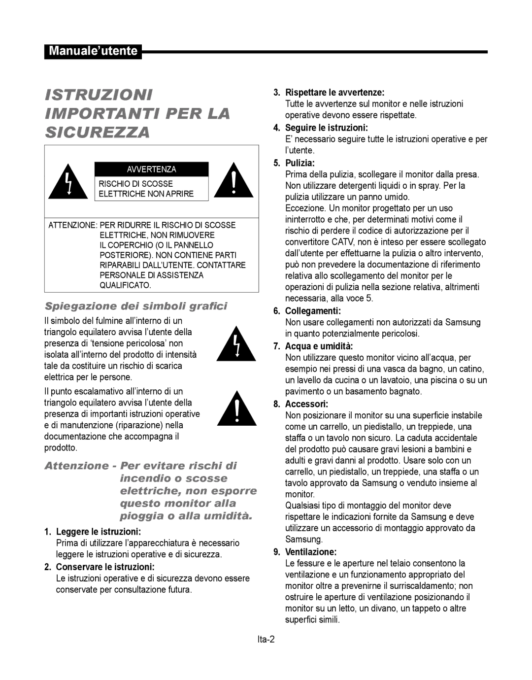 Samsung SMT-190Dx Rispettare le avvertenze, Seguire le istruzioni, Pulizia, Collegamenti, Acqua e umidità, Accessori 