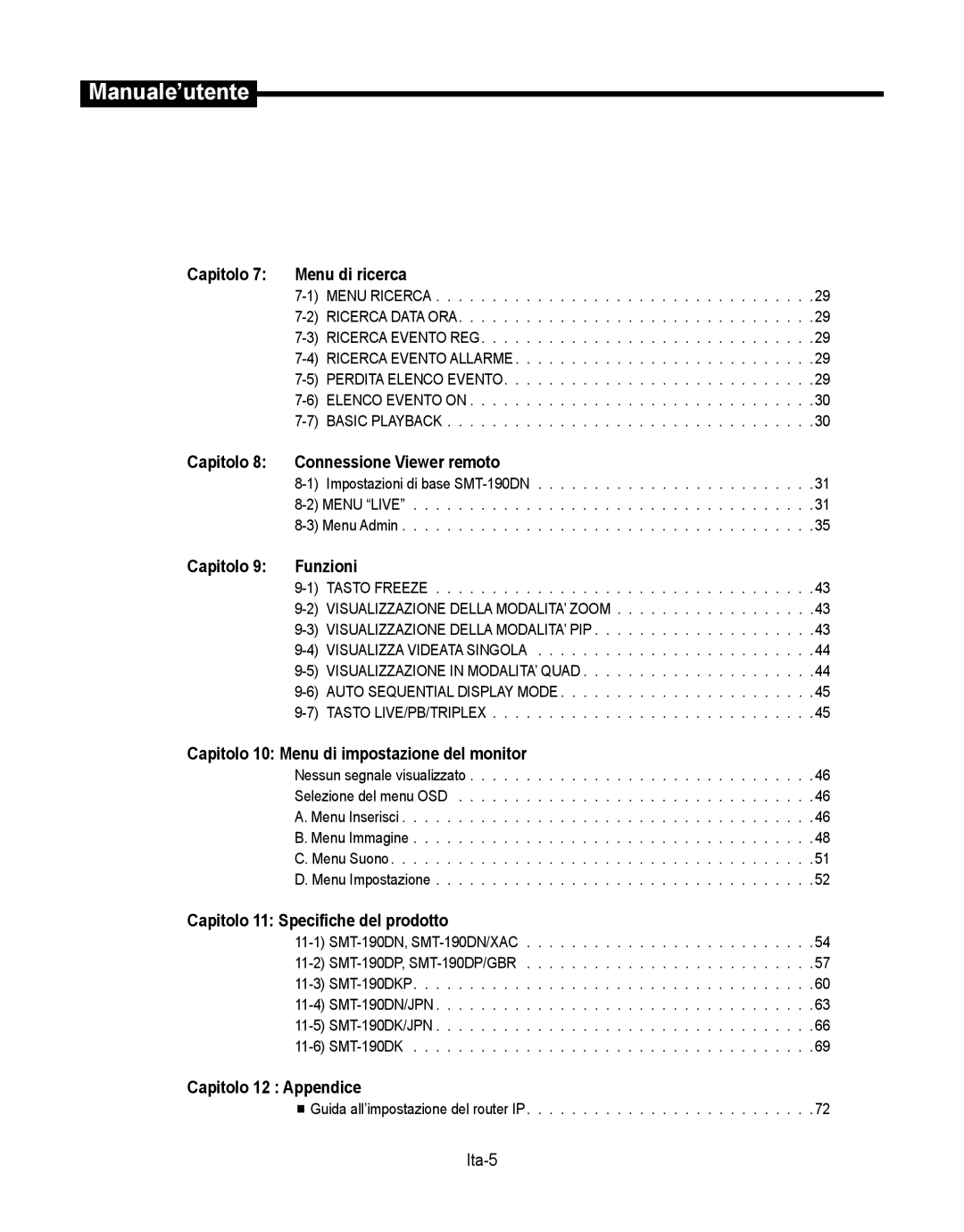 Samsung SMT-190Dx Capitolo Menu di ricerca, Capitolo Connessione Viewer remoto, Capitolo Funzioni, Capitolo 12 Appendice 