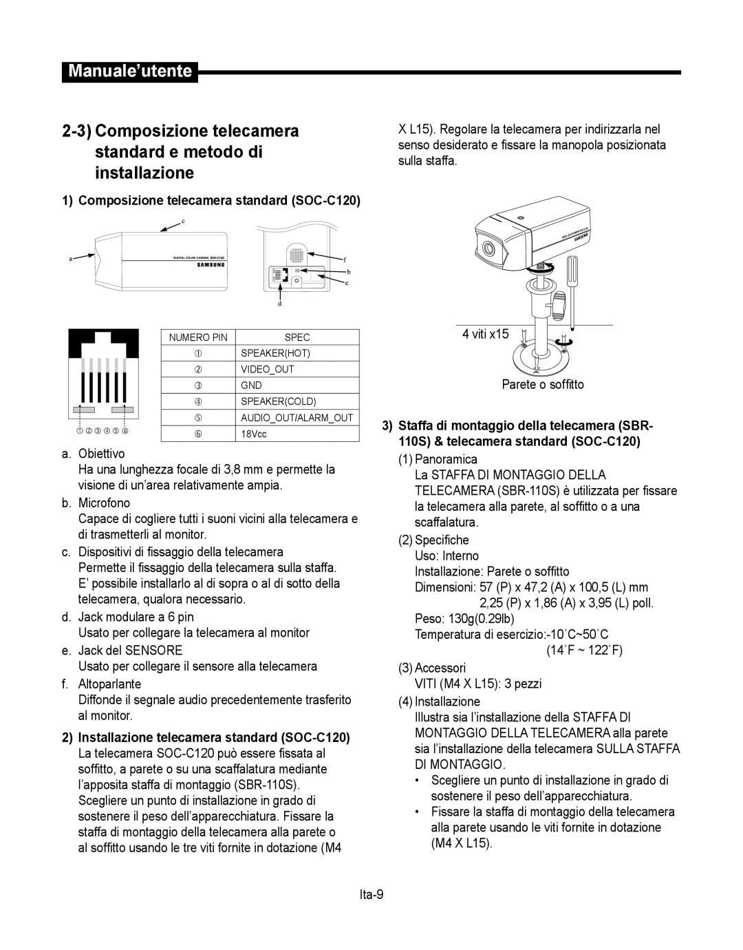 Samsung SMT-190Dx Composizione telecamera standard e metodo di installazione, Composizione telecamera standard SOC-C120 