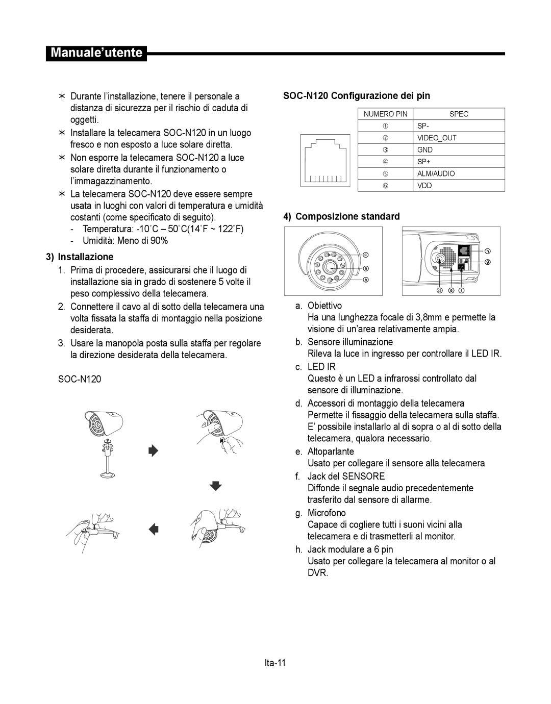 Samsung SMT-190Dx Temperatura -10˚C 50˚C14˚F ~ 122˚F Umidità Meno di 90%, SOC-N120 Configurazione dei pin, Microfono 