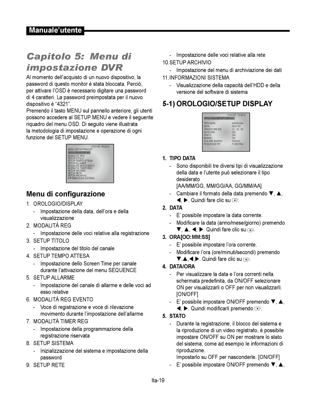 Samsung SMT-190Dx user manual Capitolo 5 Menu di, Impostazione DVR, OROLOGIO/SETUP Display, Menu di configurazione 