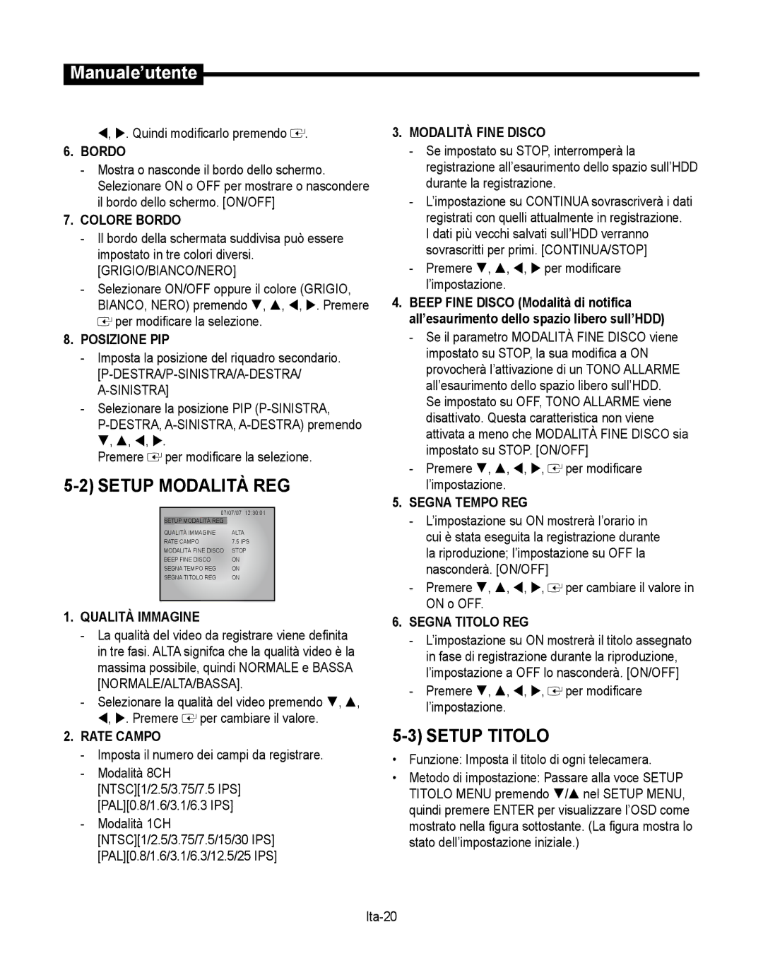 Samsung SMT-190Dx user manual Setup Modalità REG, Setup Titolo 