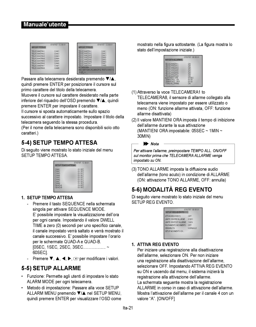 Samsung SMT-190Dx user manual Setup Tempo Attesa, Modalità REG Evento, Setup Allarme, Attiva REG Evento 