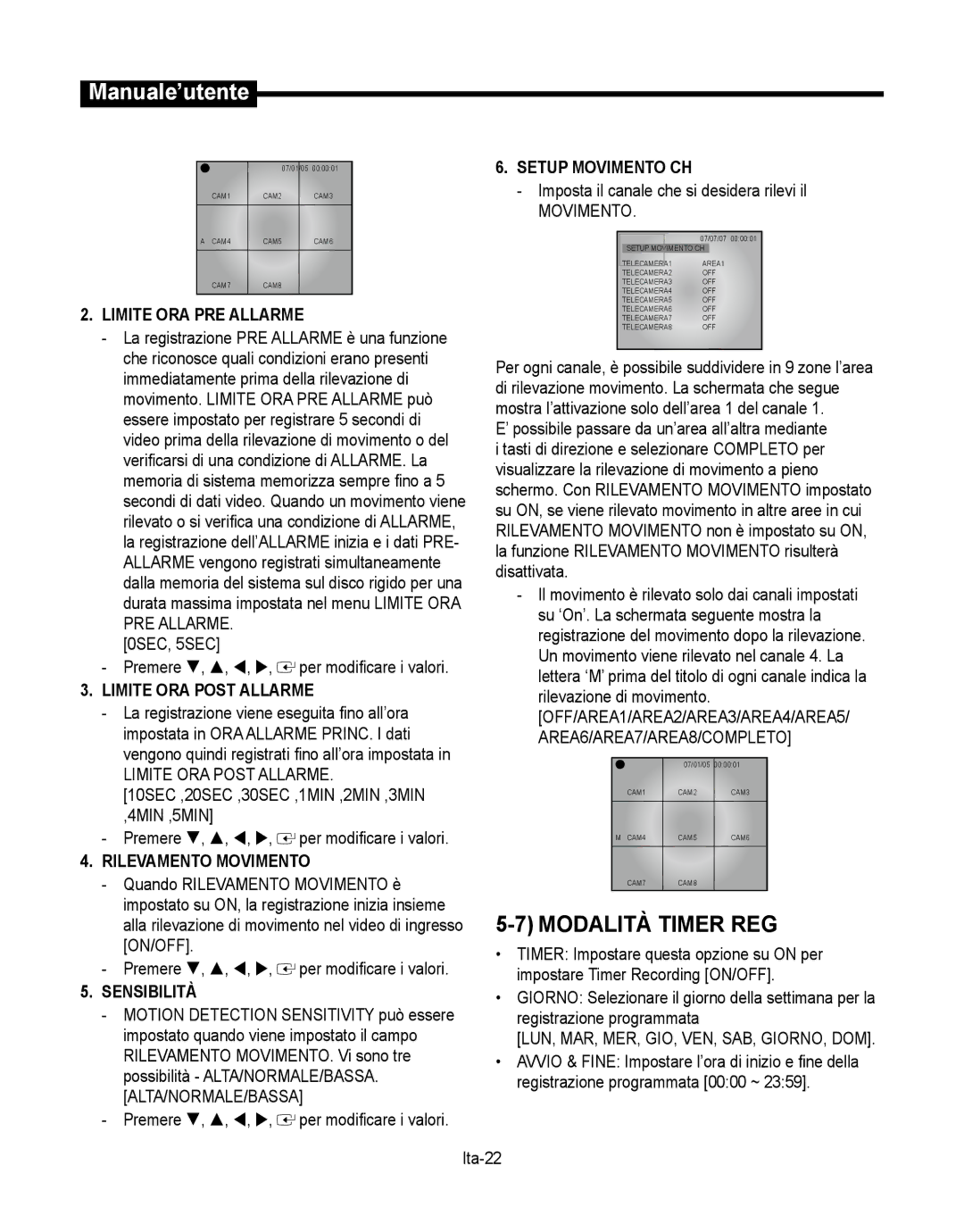 Samsung SMT-190Dx Modalità Timer REG, Setup Movimento CH, Limite ORA PRE Allarme, Limite ORA Post Allarme, Sensibilità 