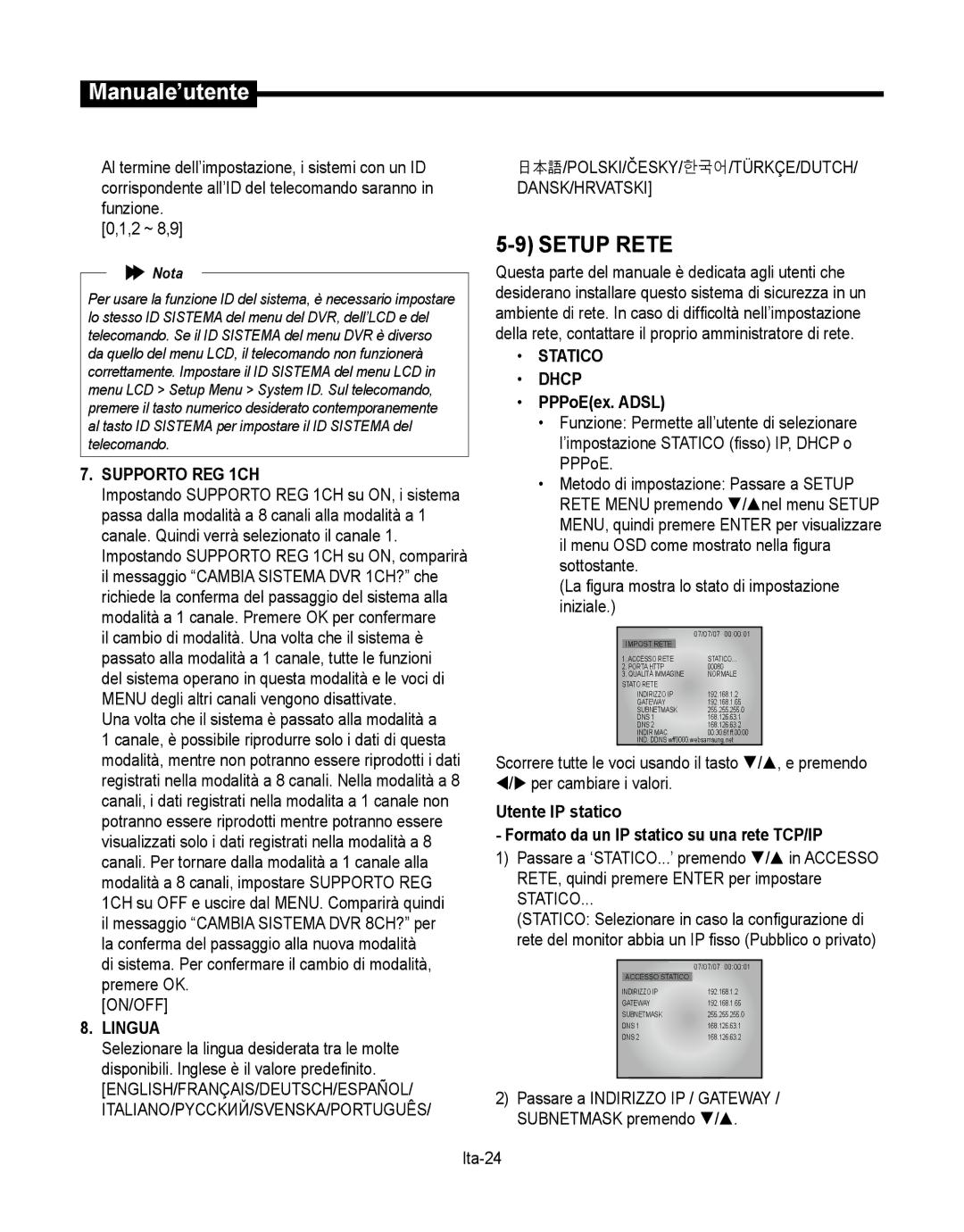 Samsung SMT-190Dx user manual Setup Rete, Statico, Supporto REG 1CH, Lingua 