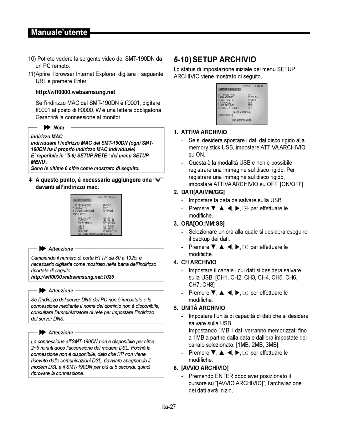 Samsung SMT-190Dx user manual Setup Archivio 