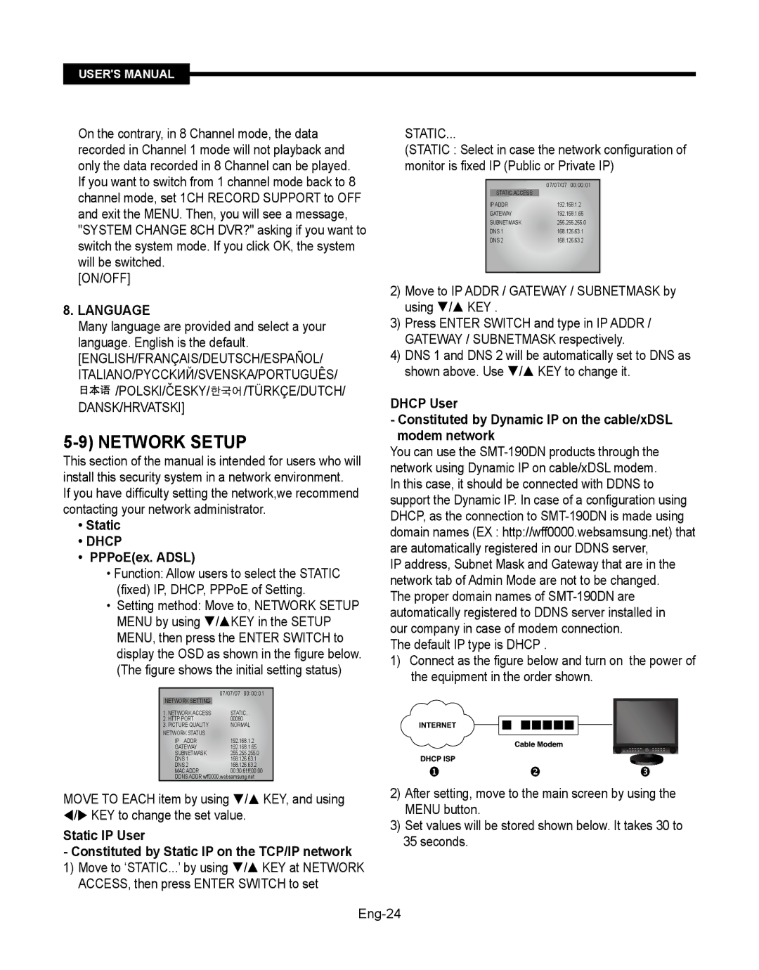 Samsung SMT-190Dx user manual Network Setup, Language, Dhcp 