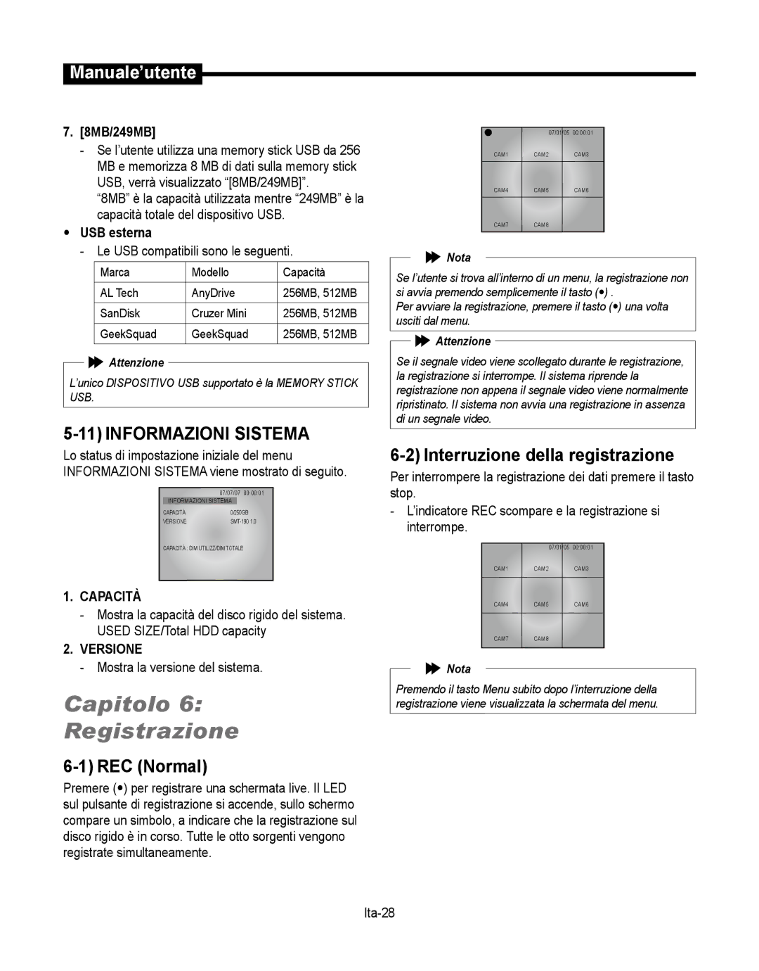 Samsung SMT-190Dx Capitolo Registrazione, Informazioni Sistema, Interruzione della registrazione, Capacità, Versione 