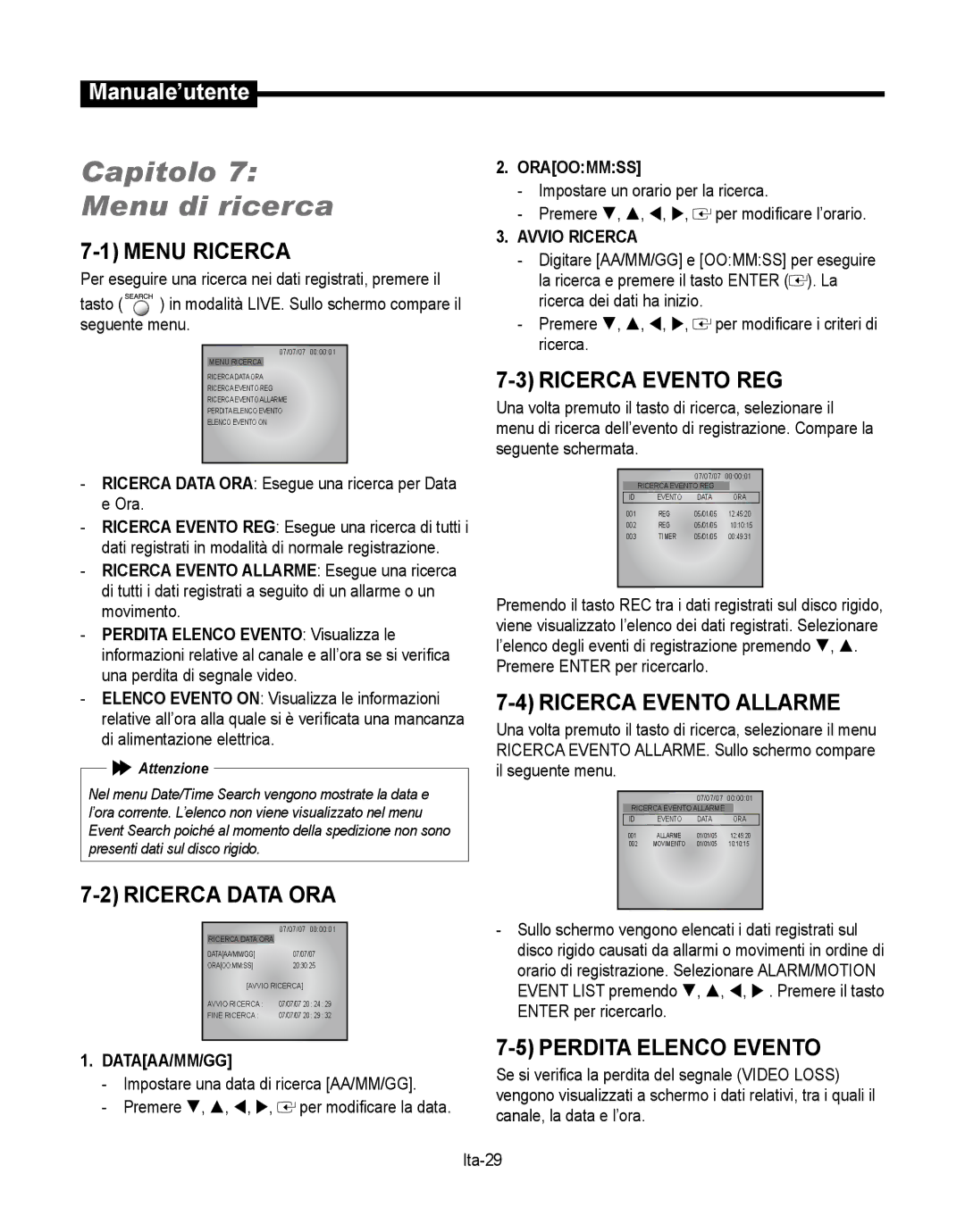 Samsung SMT-190Dx Capitolo Menu di ricerca, Menu Ricerca, Ricerca Evento REG, Ricerca Data ORA Ricerca Evento Allarme 