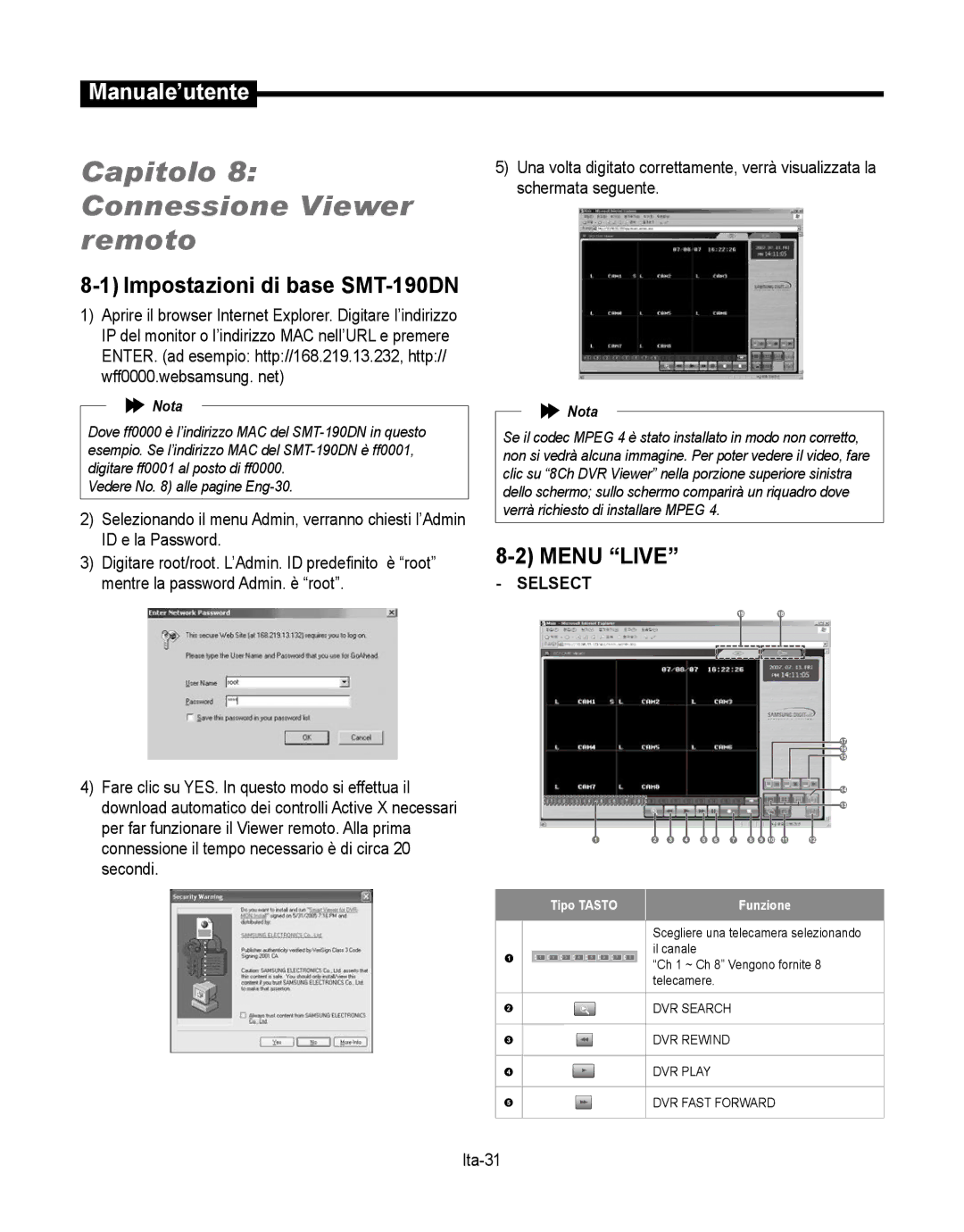 Samsung SMT-190Dx Capitolo 8 Connessione Viewer remoto, Impostazioni di base SMT-190DN, Menu Live, Selsect, Ita-31 