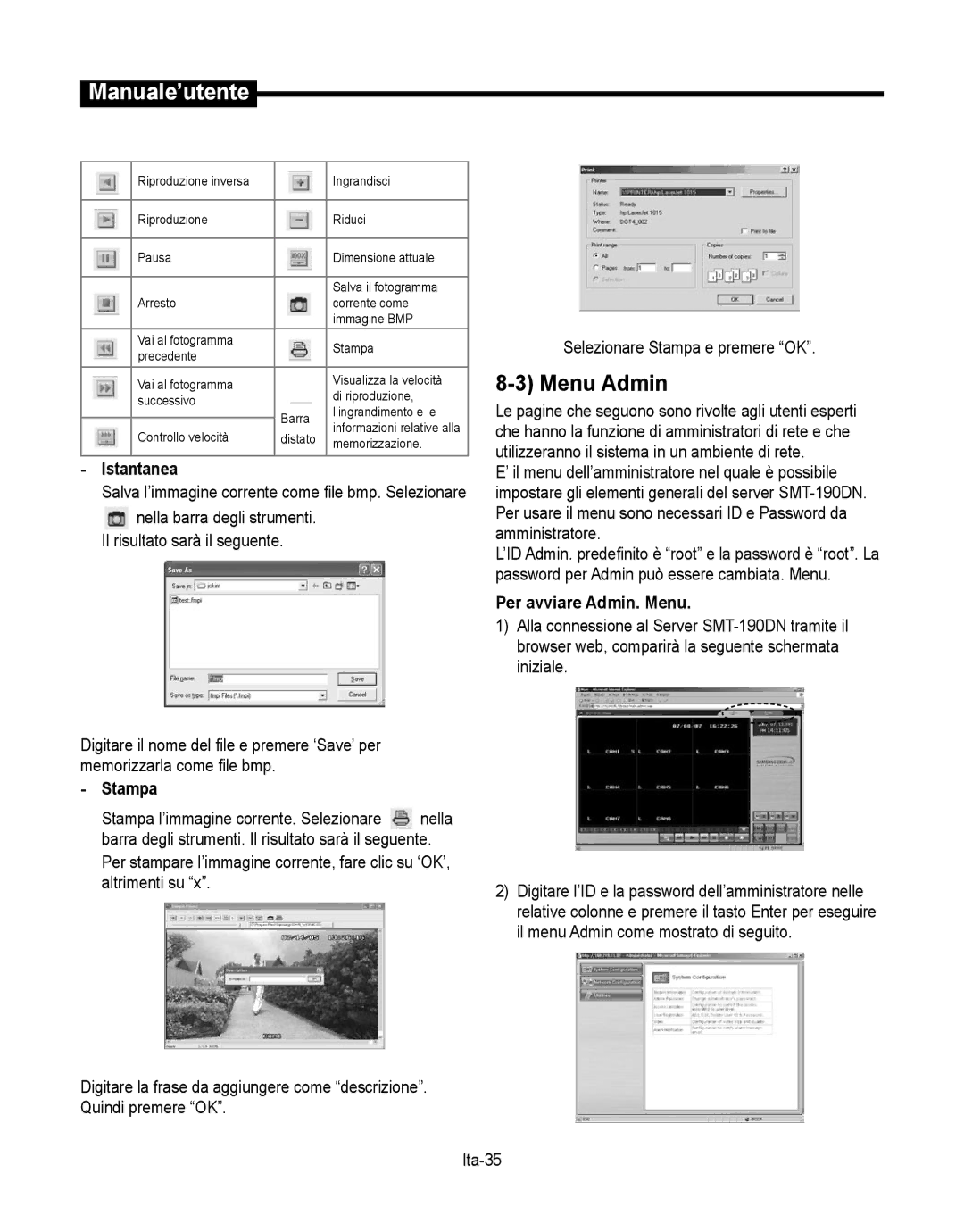 Samsung SMT-190Dx user manual Istantanea, Stampa, Per avviare Admin. Menu, Ita-35 