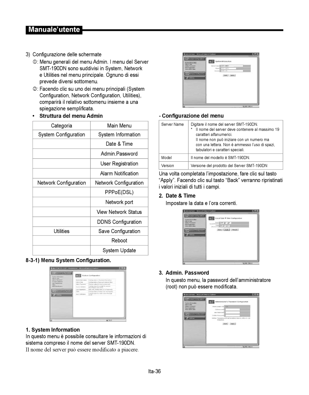 Samsung SMT-190Dx Configurazione delle schermate, Struttura del menu Admin, Categoria Main Menu, Configurazione del menu 