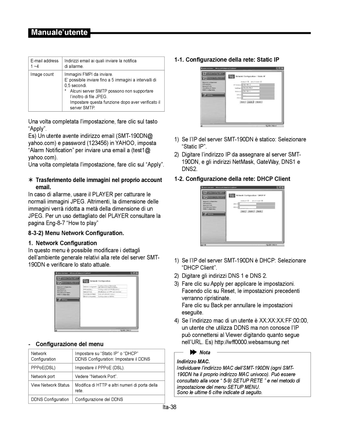 Samsung SMT-190Dx user manual Configurazione della rete Static IP, Menu Network Configuration, Ita-38 