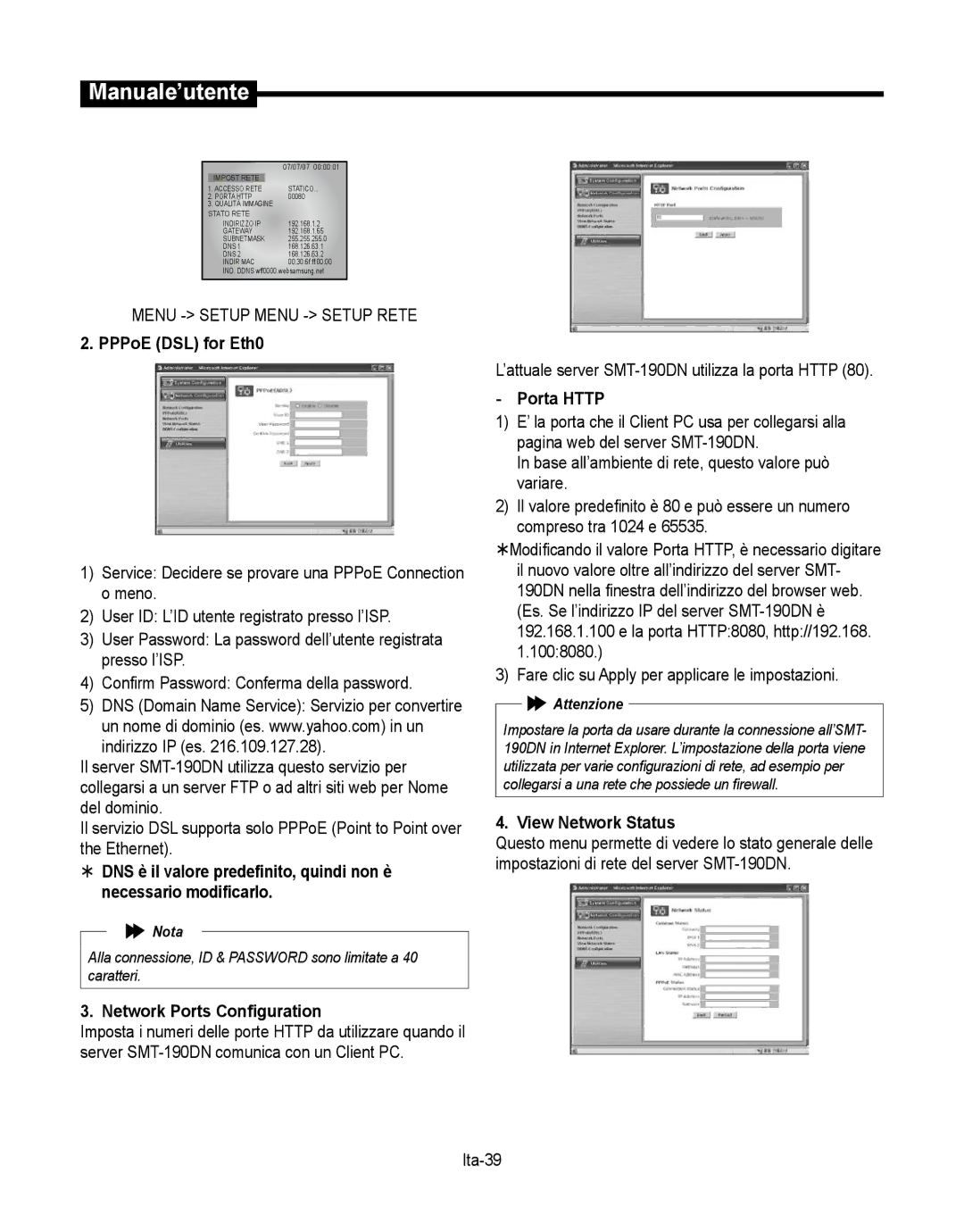 Samsung SMT-190Dx Menu Setup Menu Setup Rete, ’attuale server SMT-190DN utilizza la porta Http, Porta Http, Ita-39 