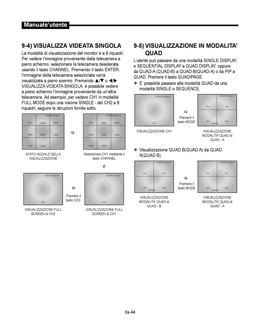 Samsung SMT-190Dx user manual Visualizza Videata Singola, Visualizzazione in MODALITA’ Quad, Ita-44 