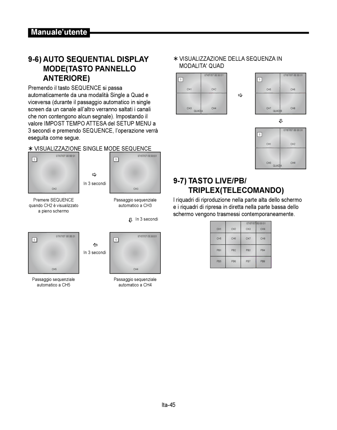 Samsung SMT-190Dx user manual Anteriore, Tasto LIVE/PB Triplextelecomando, Auto Sequential Display Modetasto Pannello 