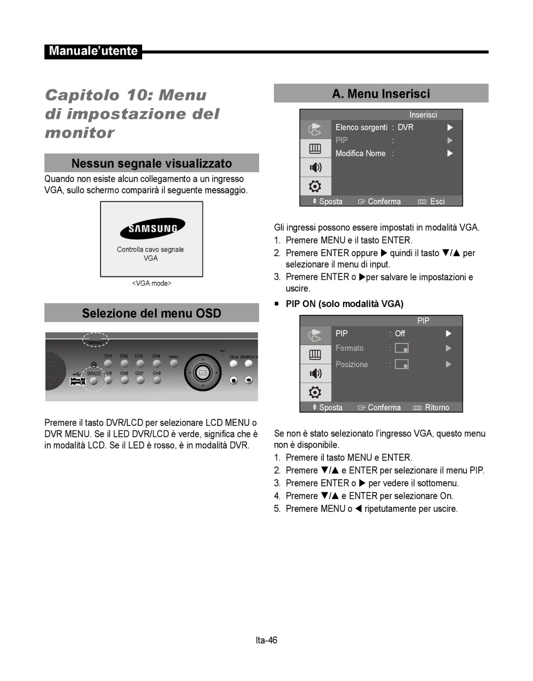 Samsung SMT-190Dx Capitolo 10 Menu di impostazione del monitor, Nessun segnale visualizzato, Selezione del menu OSD 