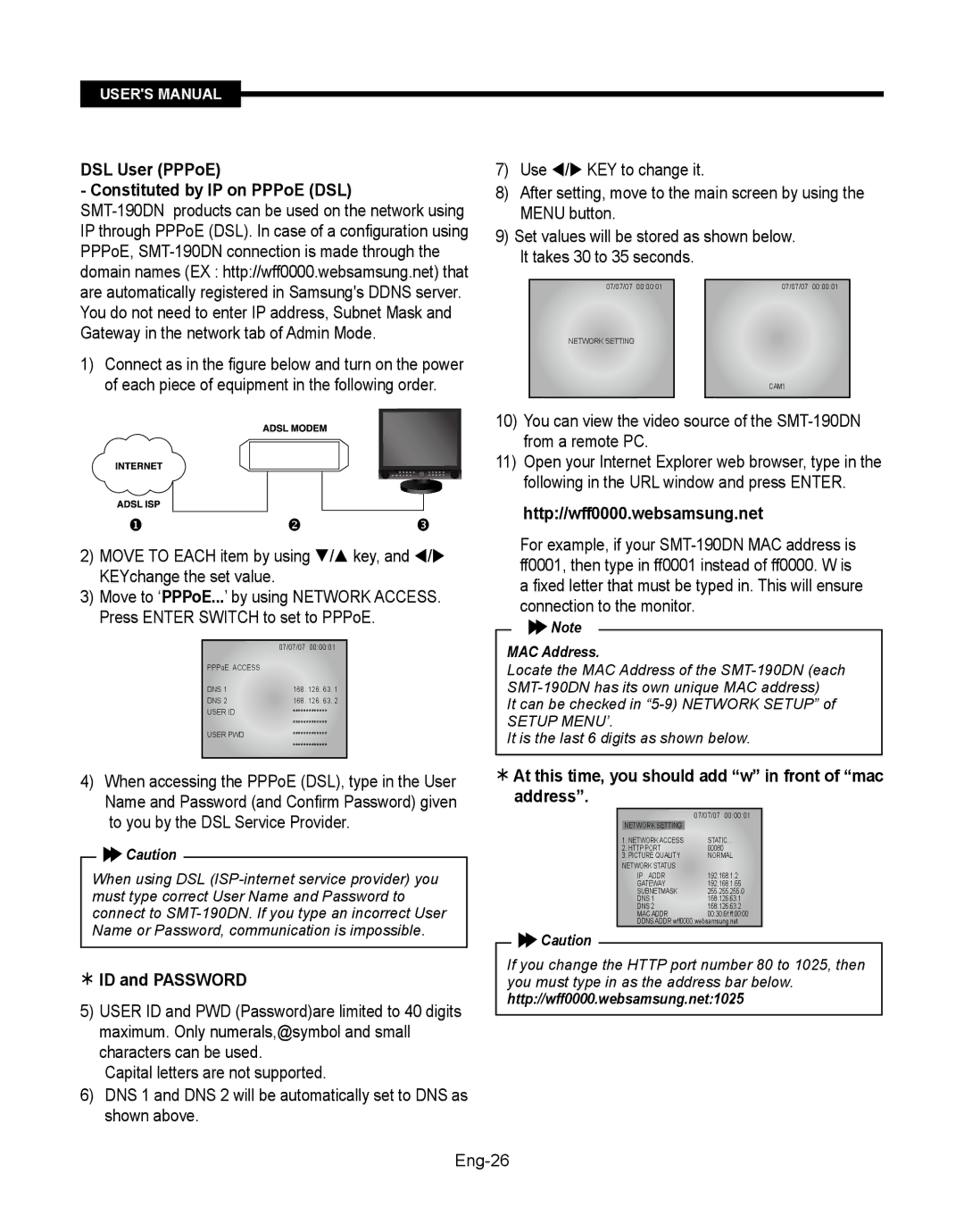 Samsung SMT-190Dx DSL User PPPoE Constituted by IP on PPPoE DSL, Http//wff0000.websamsung.net,  ID and Password, Eng-26 