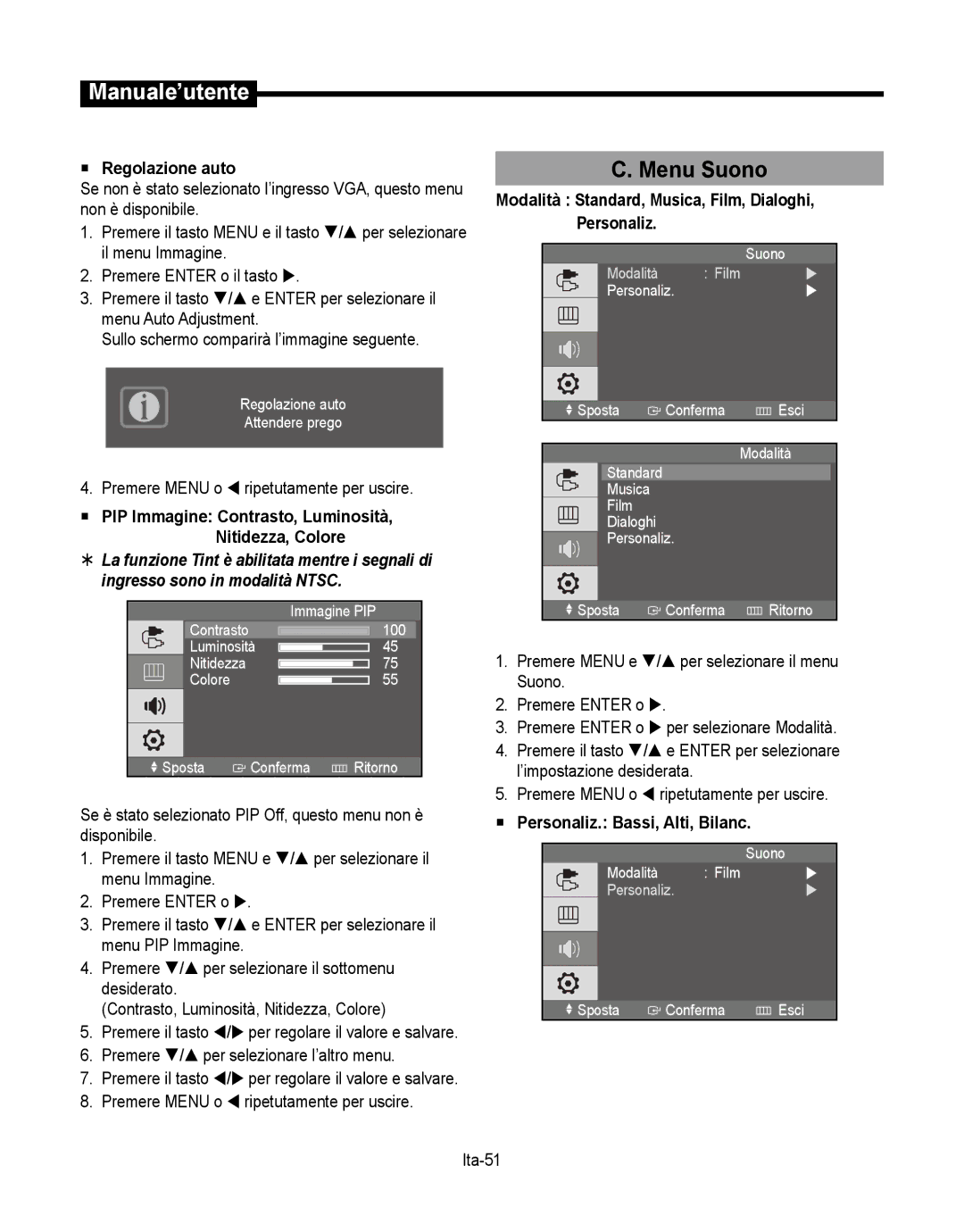 Samsung SMT-190Dx user manual Menu Suono,  Regolazione auto, Modalità Standard, Musica, Film, Dialoghi, Personaliz 