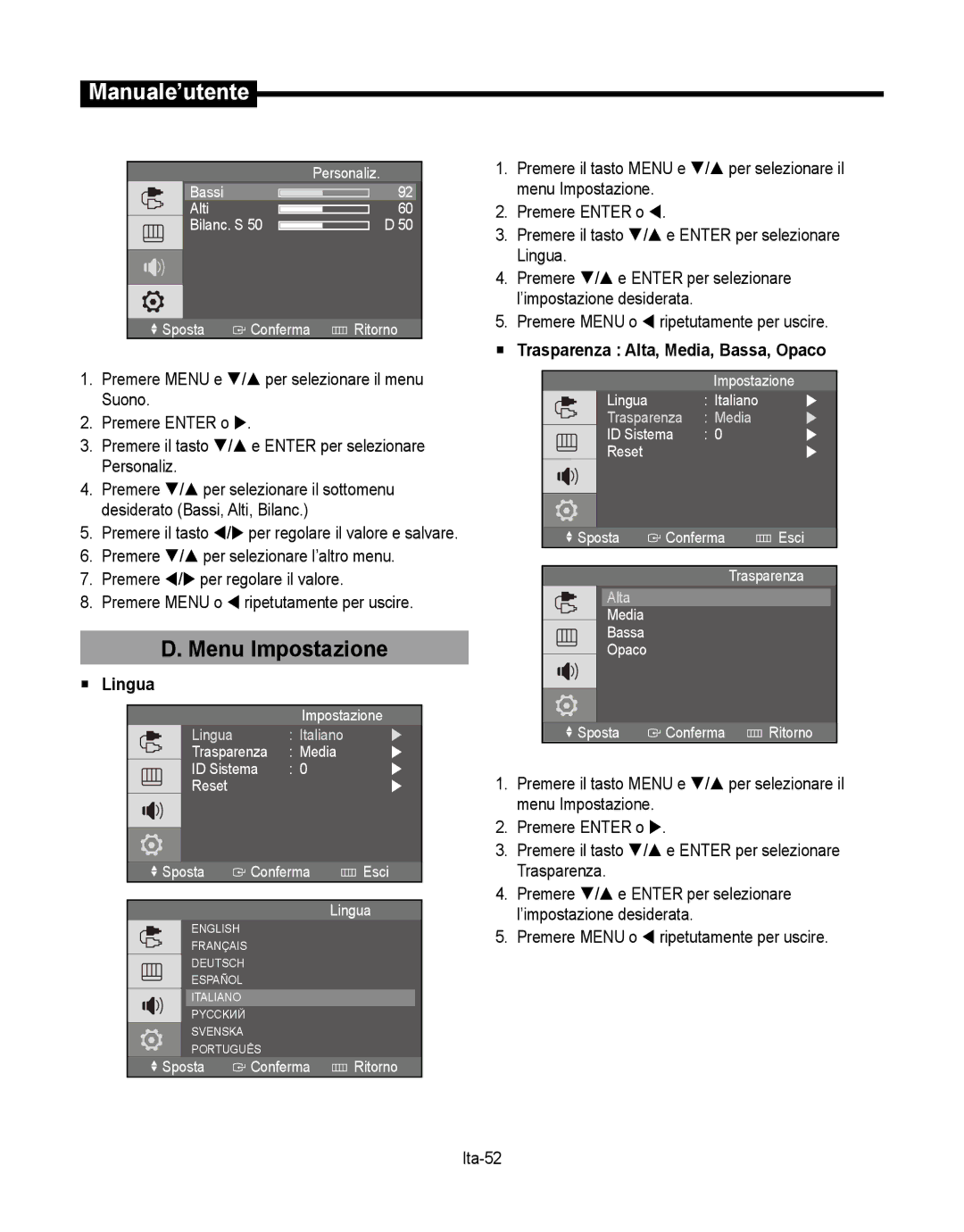 Samsung SMT-190Dx user manual Menu Impostazione,  Lingua,  Trasparenza Alta, Media, Bassa, Opaco 