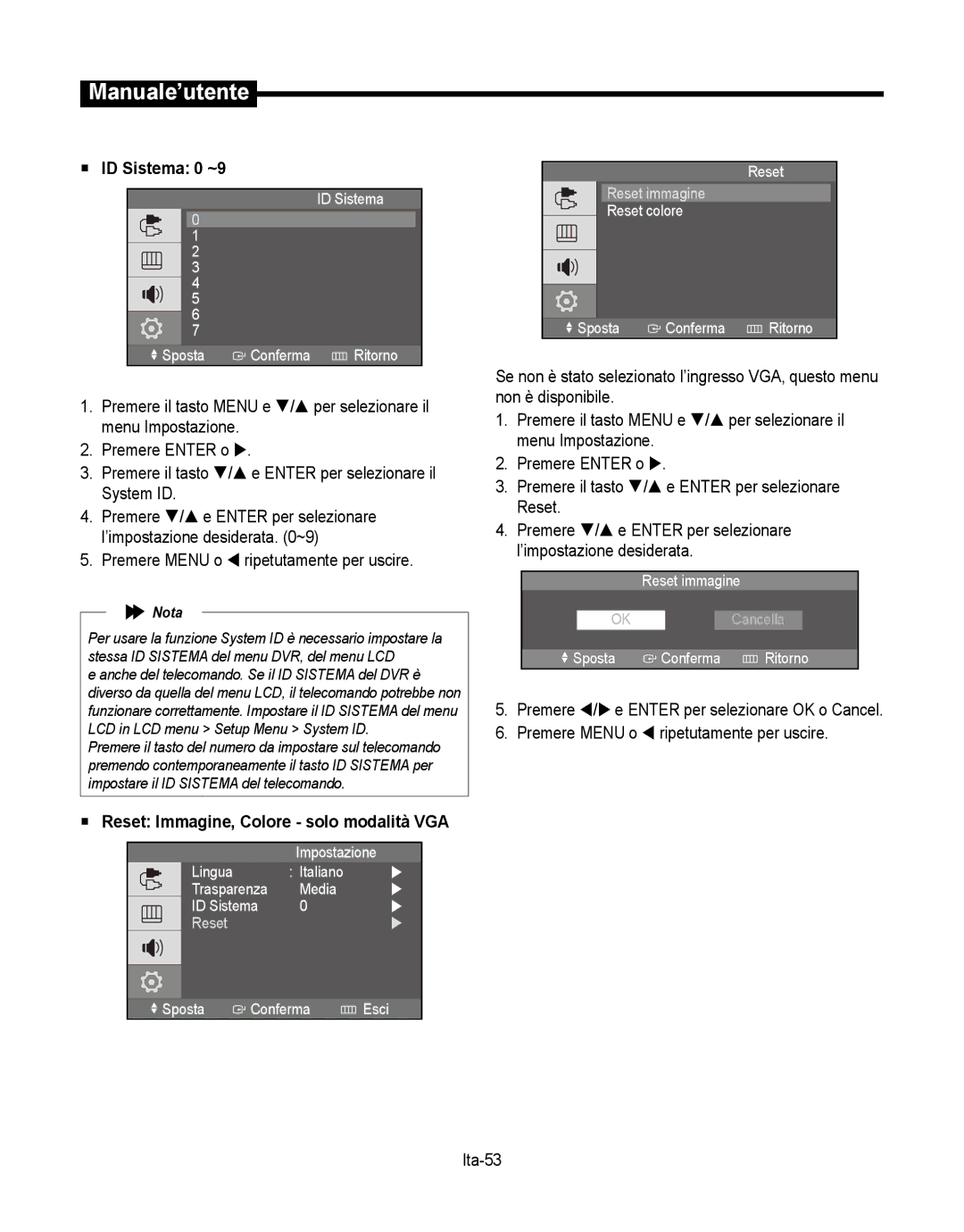 Samsung SMT-190Dx user manual  ID Sistema 0 ~9,  Reset Immagine, Colore solo modalità VGA 