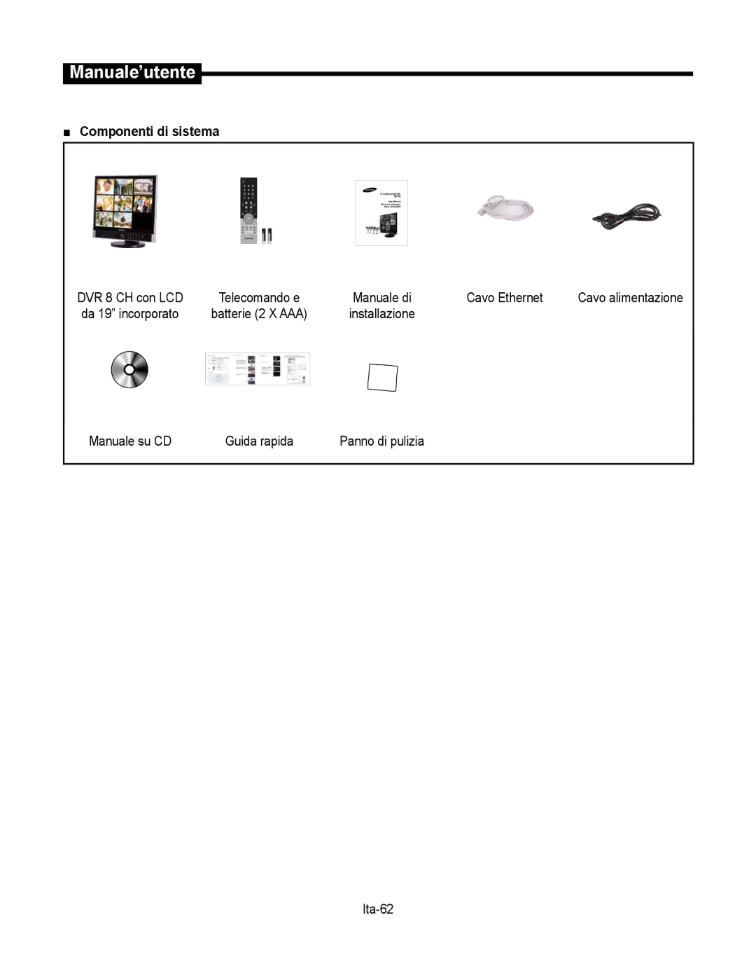 Samsung SMT-190Dx Manuale su CD Guida rapida, Ita-62, DVR 8 CH con LCD Telecomando e Manuale di, Cavo alimentazione 