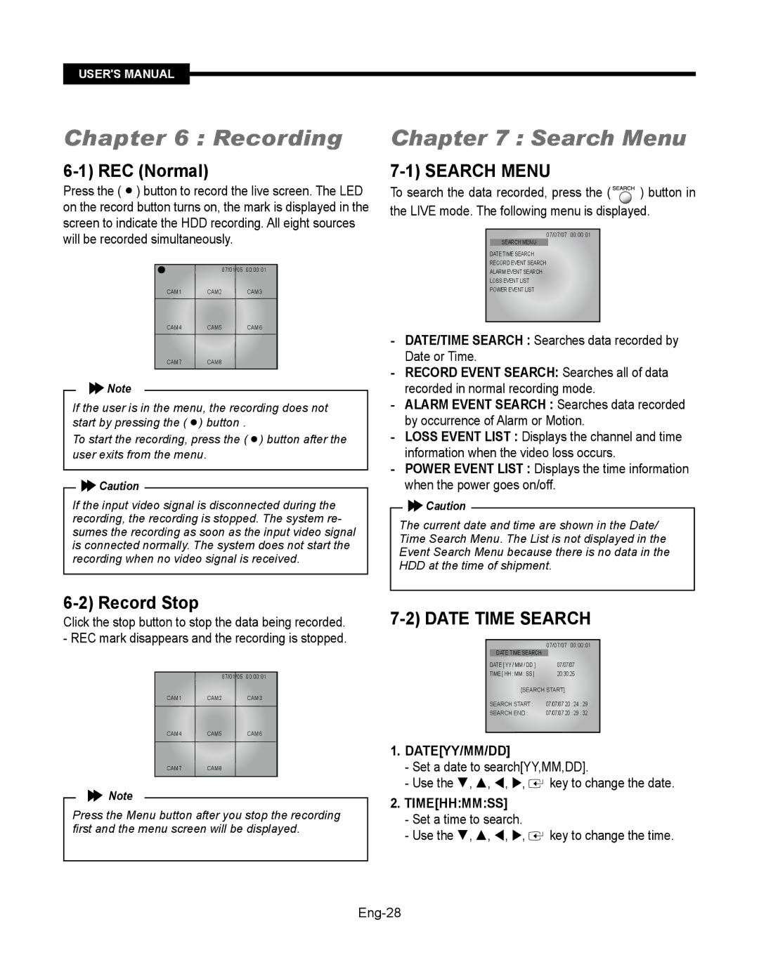 Samsung SMT-190Dx user manual Recording, Search Menu, Date Time Search 