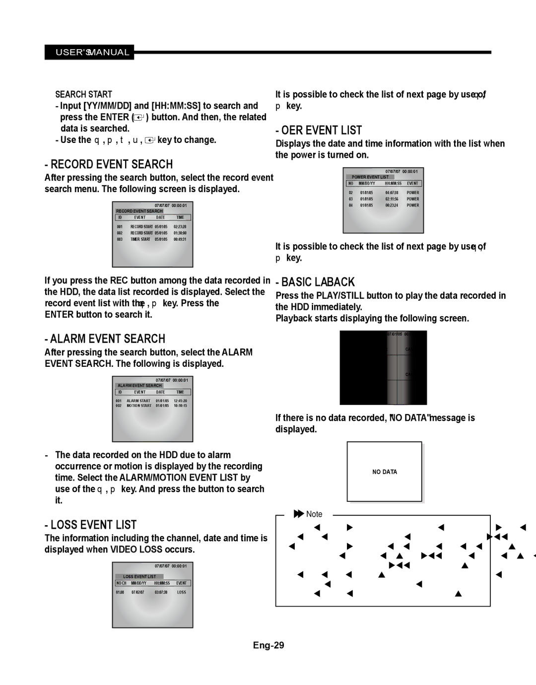 Samsung SMT-190Dx user manual Record Event Search, Alarm Event Search, Loss Event List, Power Event List, Basic Playback 