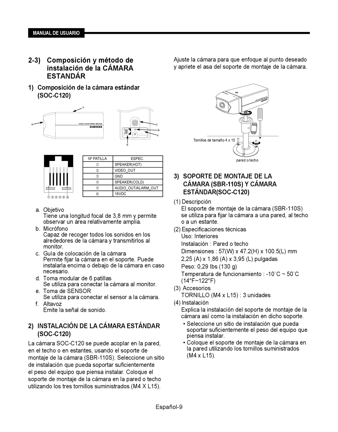 Samsung SMT-190Dx user manual Composición y método de instalación de la Cámara Estandár 